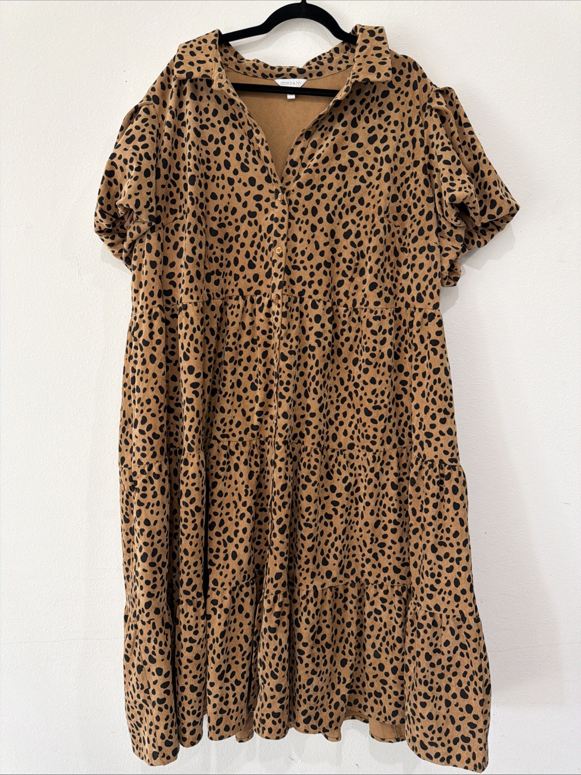 Crown & Ivy Dress Women’s 4X Animal Print MIDI Pockets Boho Puff Sleeve Dopamine