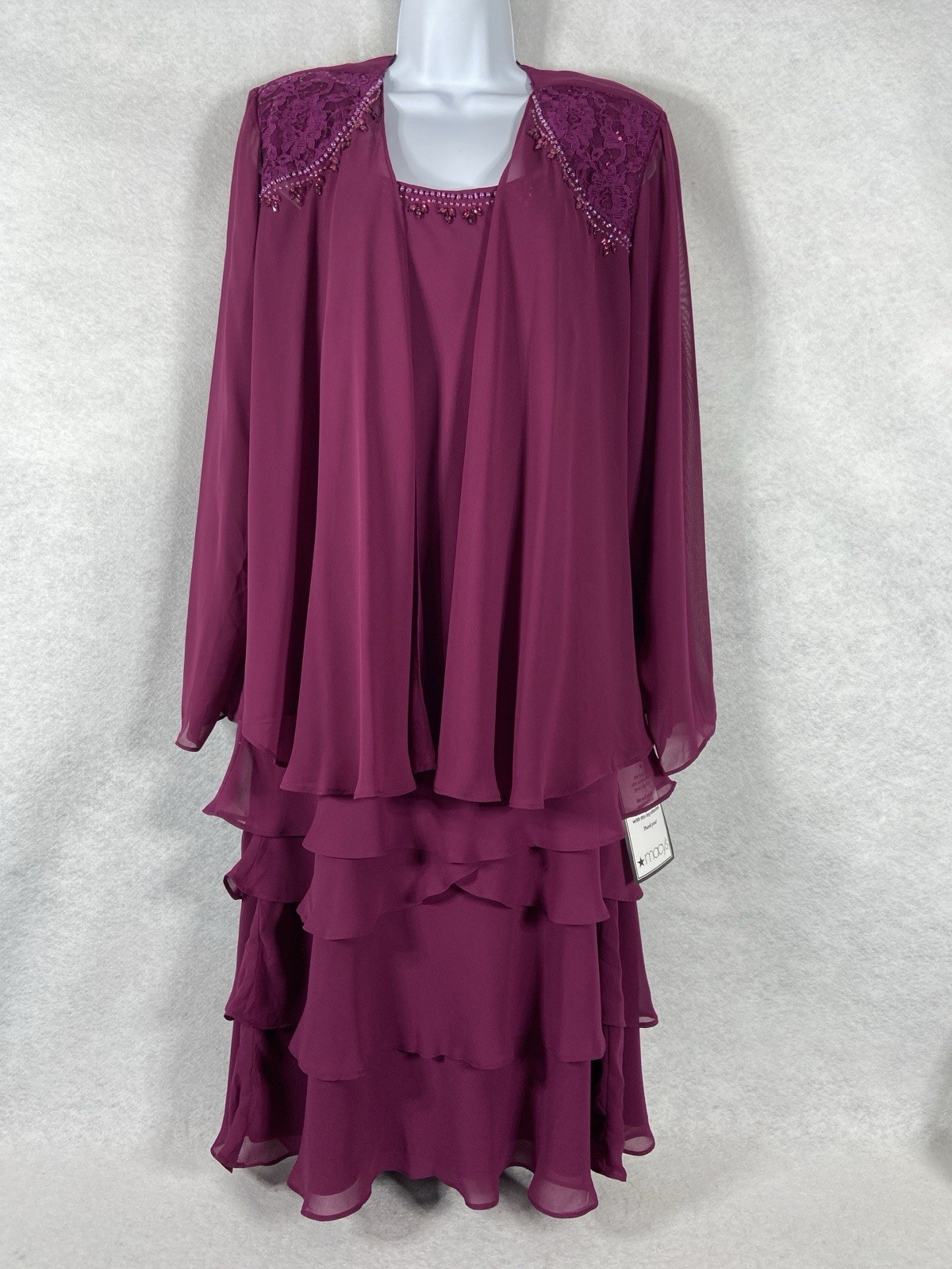 SLNY 2PC Dress Set Women’s 14 Fuchsia Ruffle Beaded Long Sleeve Chiffon New