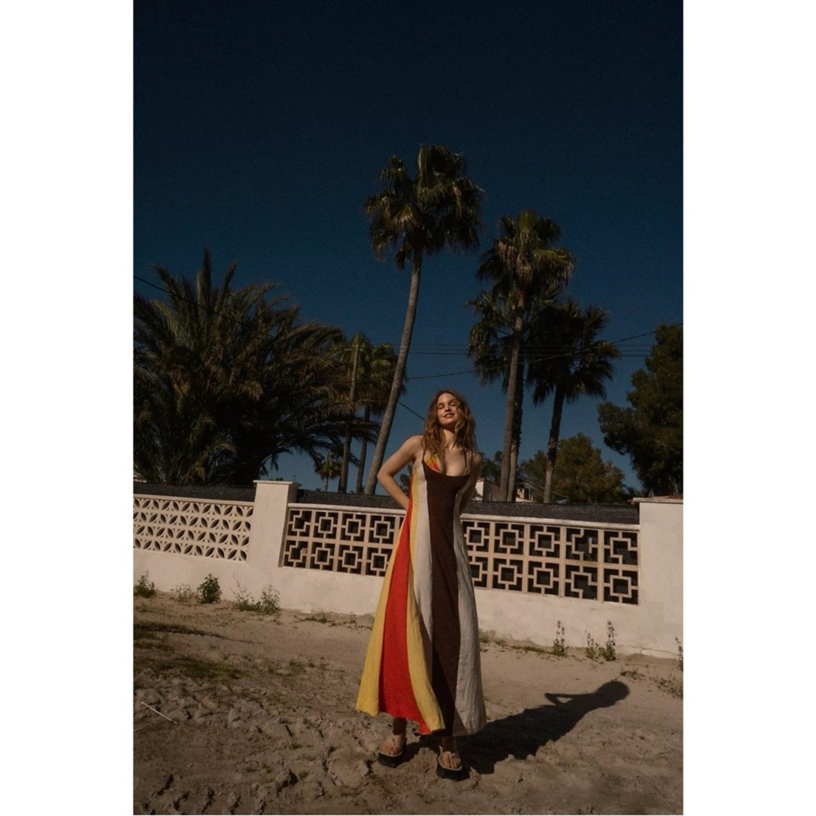 Free People Linen Retro 70s Color Harmony Maxi Dress in Chocolate Combo Small