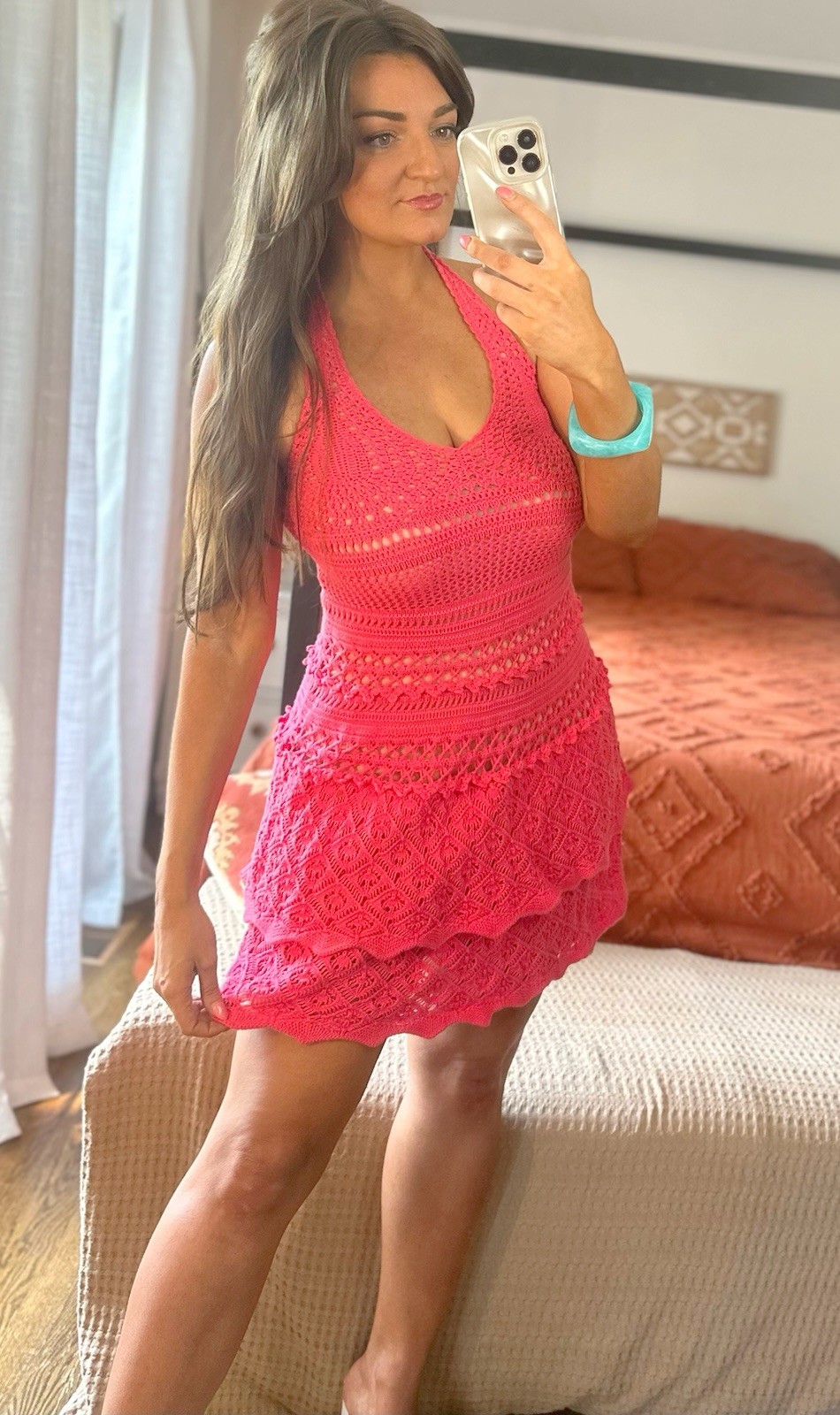 Rare Moda International Size Medium Pink Crochet Tiered Halter Mini Dress