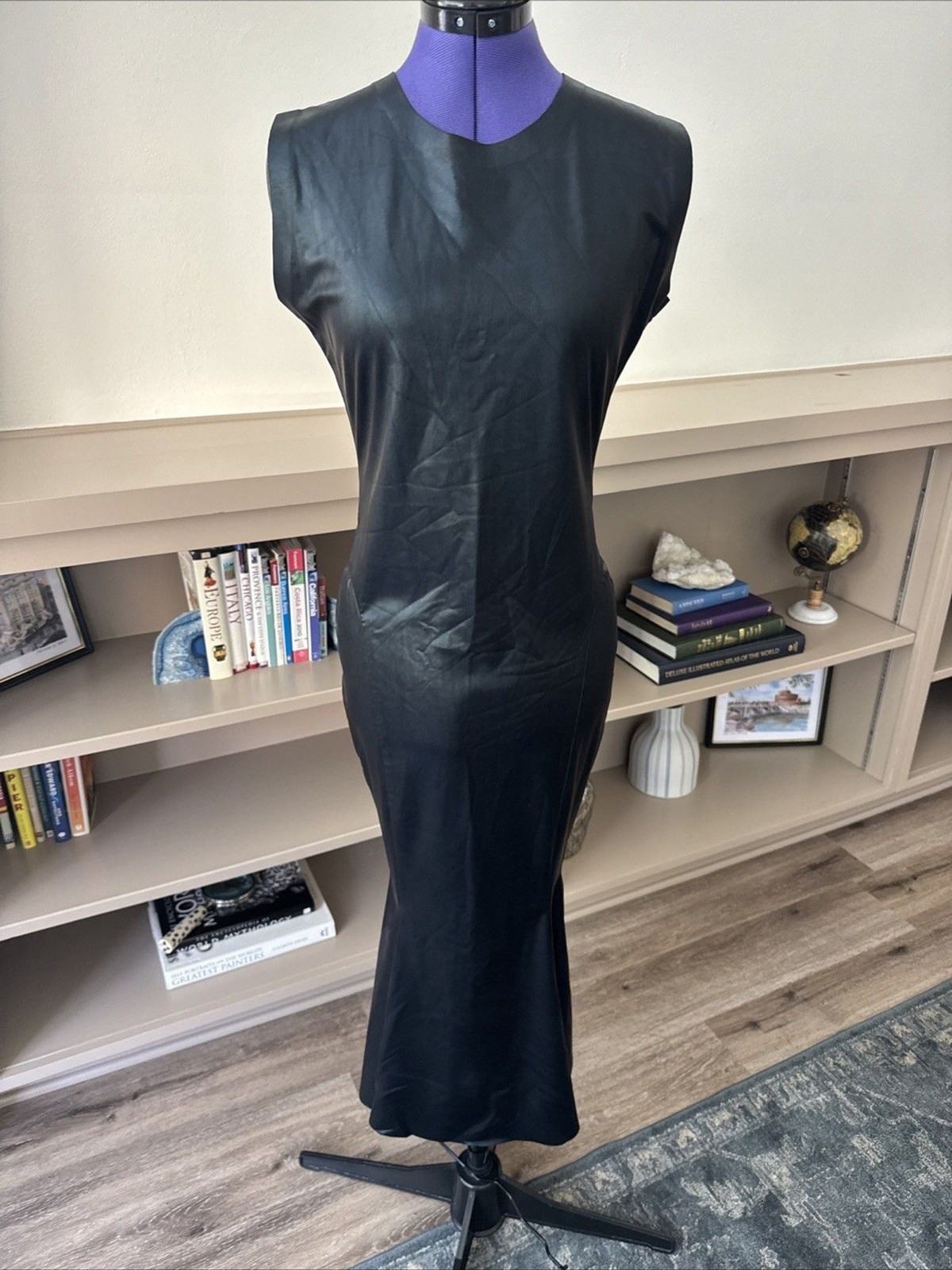 Norma Kamali Black Fishtail Midi Dress Women M Sleeveless Sheen Evening