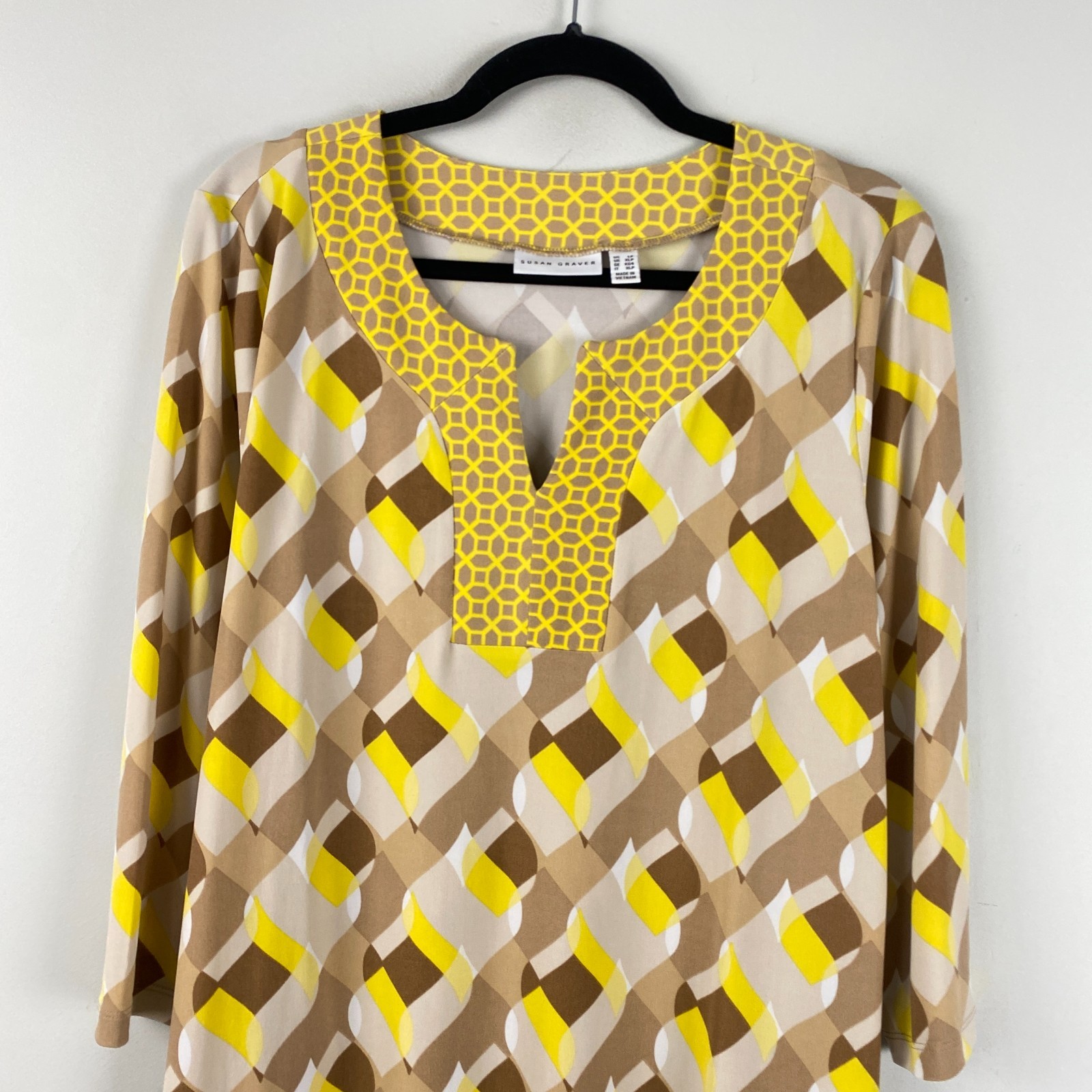 Susan Graver Printed Liquid Knit Split Neck Dress Size Petite Large Pockets
