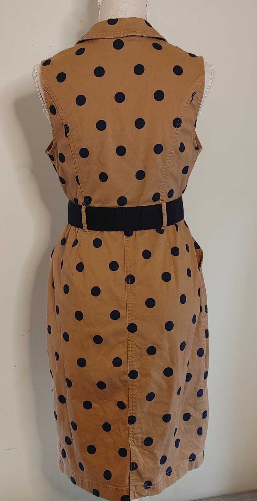 Boden Khaki Tan Navy Blue Polka Dot Sheath Edith Dress sz 8P Stretch Cinch Belt