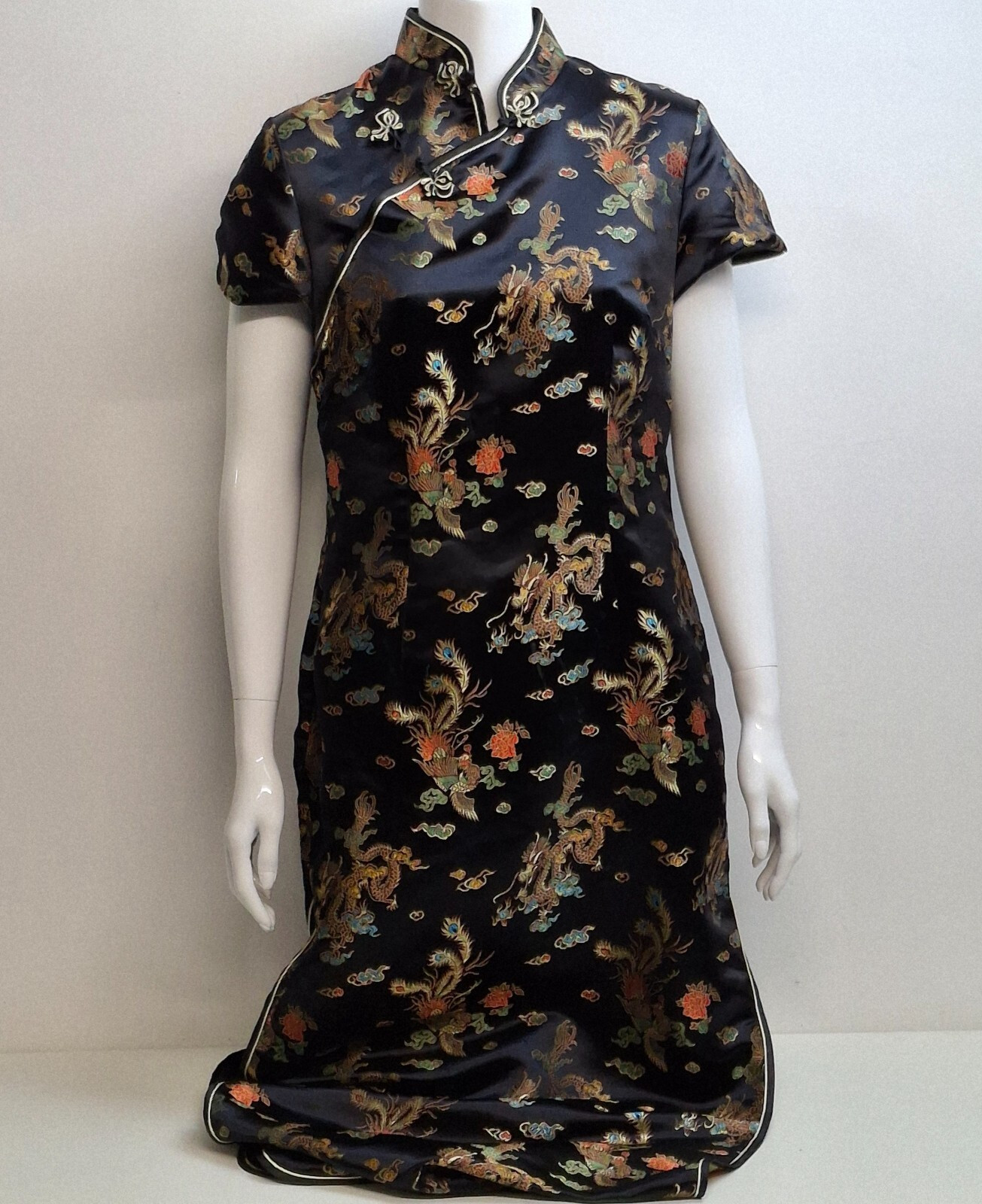 TANGYI Luxurious Black Satin Dragon Phoenix Chinese Dress Size 40