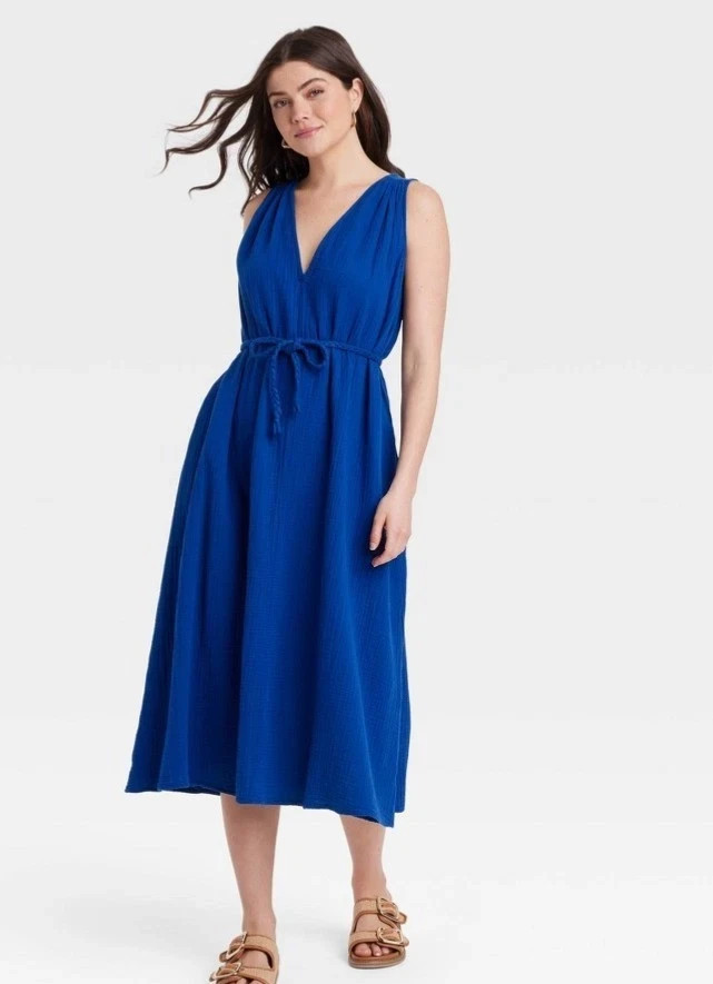 Universal Thread Dark Blue A-Line Midi Dress V-Neck Belted Side Pockets NWT Medi