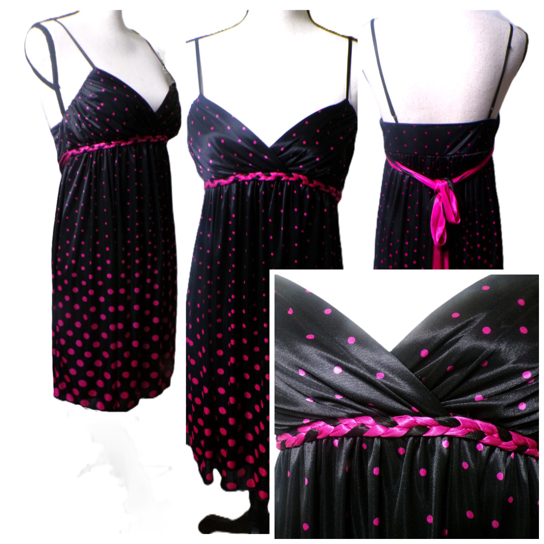Y2k Ruby Rox Babydoll Mini Dress M Satin Black Pink Polk Dots Fairy Whimsigoth