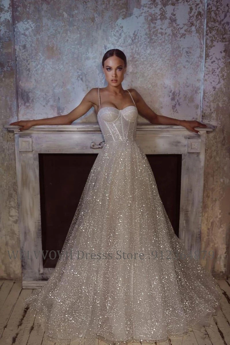 Beach Glitter Wedding Dresses V Neck Party Bridal Arabic Shiny Bridal Gowns
