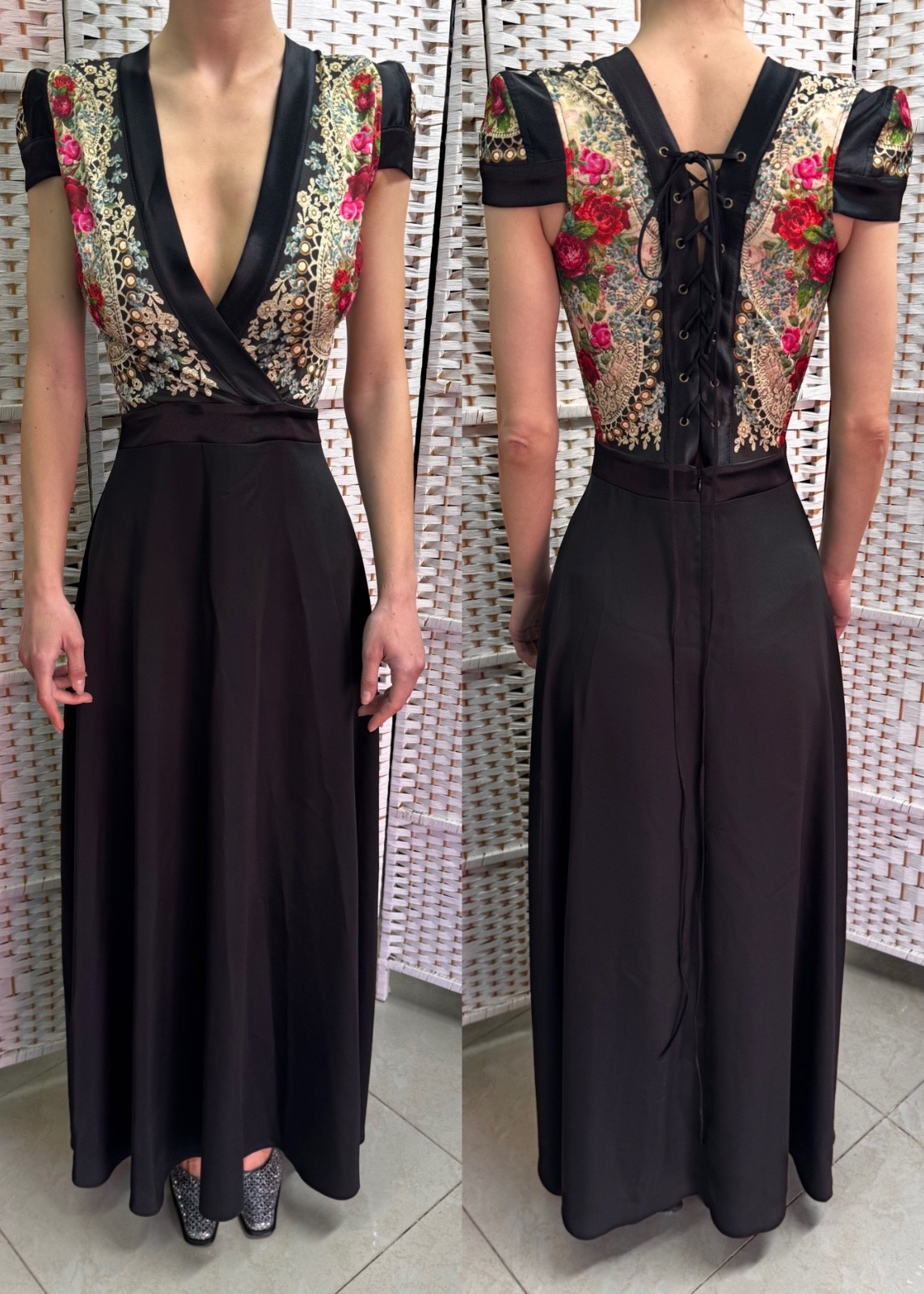 Michal Negrin Elegant Full length Black And Floral Dress Size – 38 – NWT