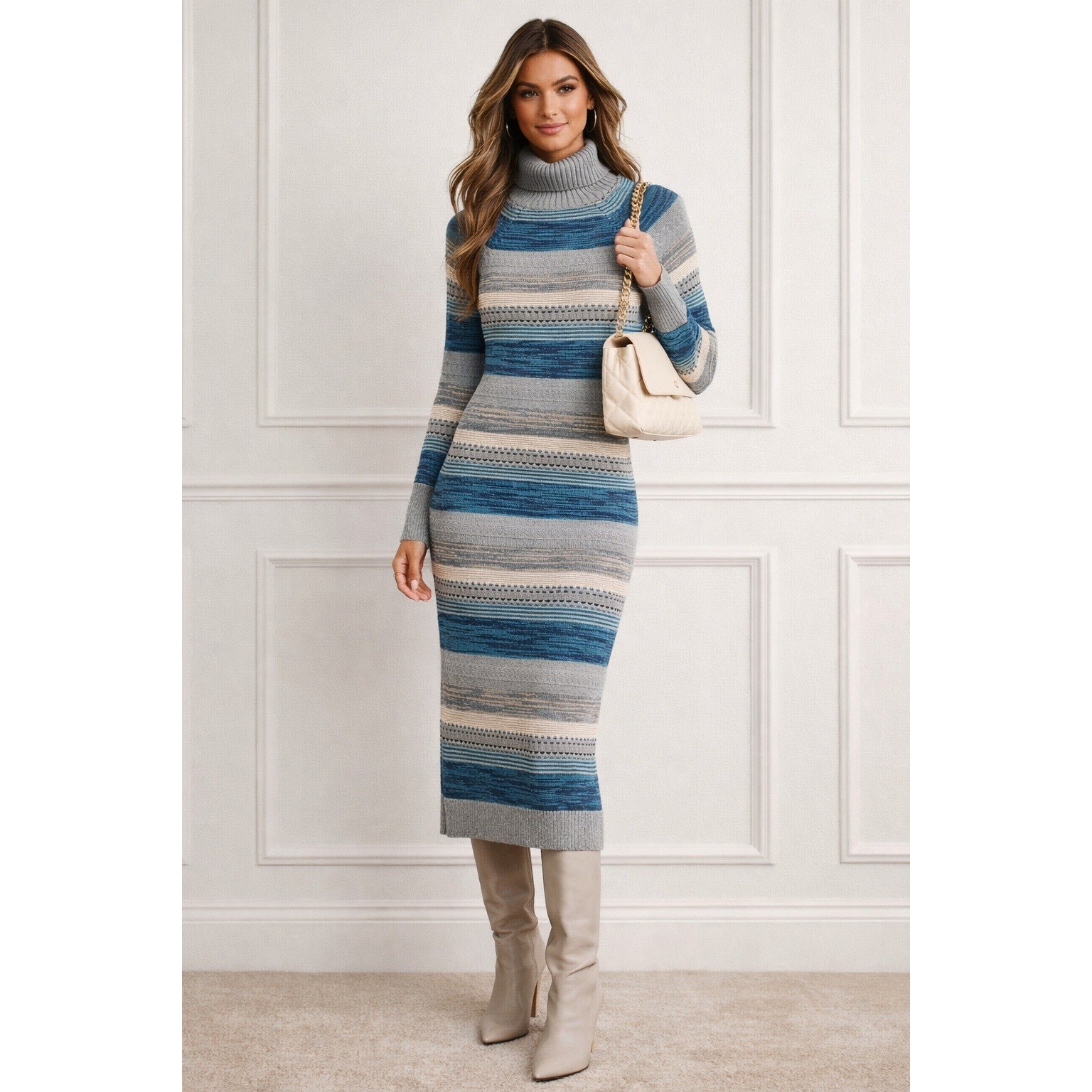 Moda International Sweater Dress Womens S Gray Blue Striped Turtleneck Bodycon