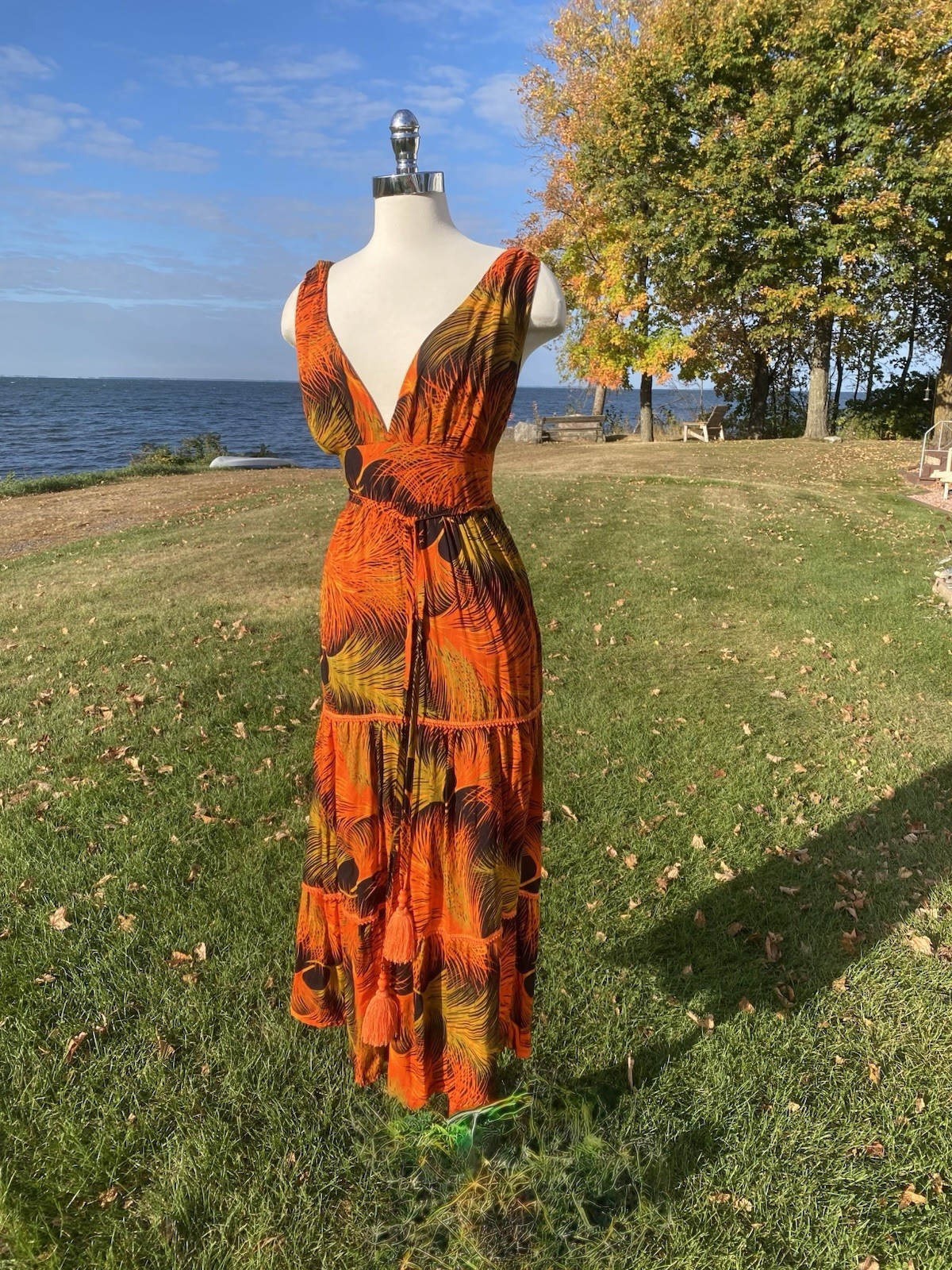 Spring Midi Dress Red Orange Leaves Tassel Belt Beach Festival Fairy Boho