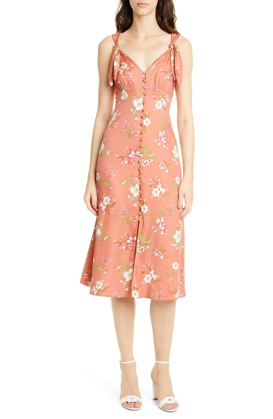 REBECCA TAYLOR Sunset Pink Floral Print LITA Silk Blend Bow Button Midi Dress 10