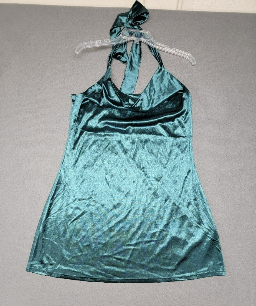 NEW~ZAFUL~Satin Halter Cowl Neck Backless A Line Mini Dress Size XL Teal GREEN