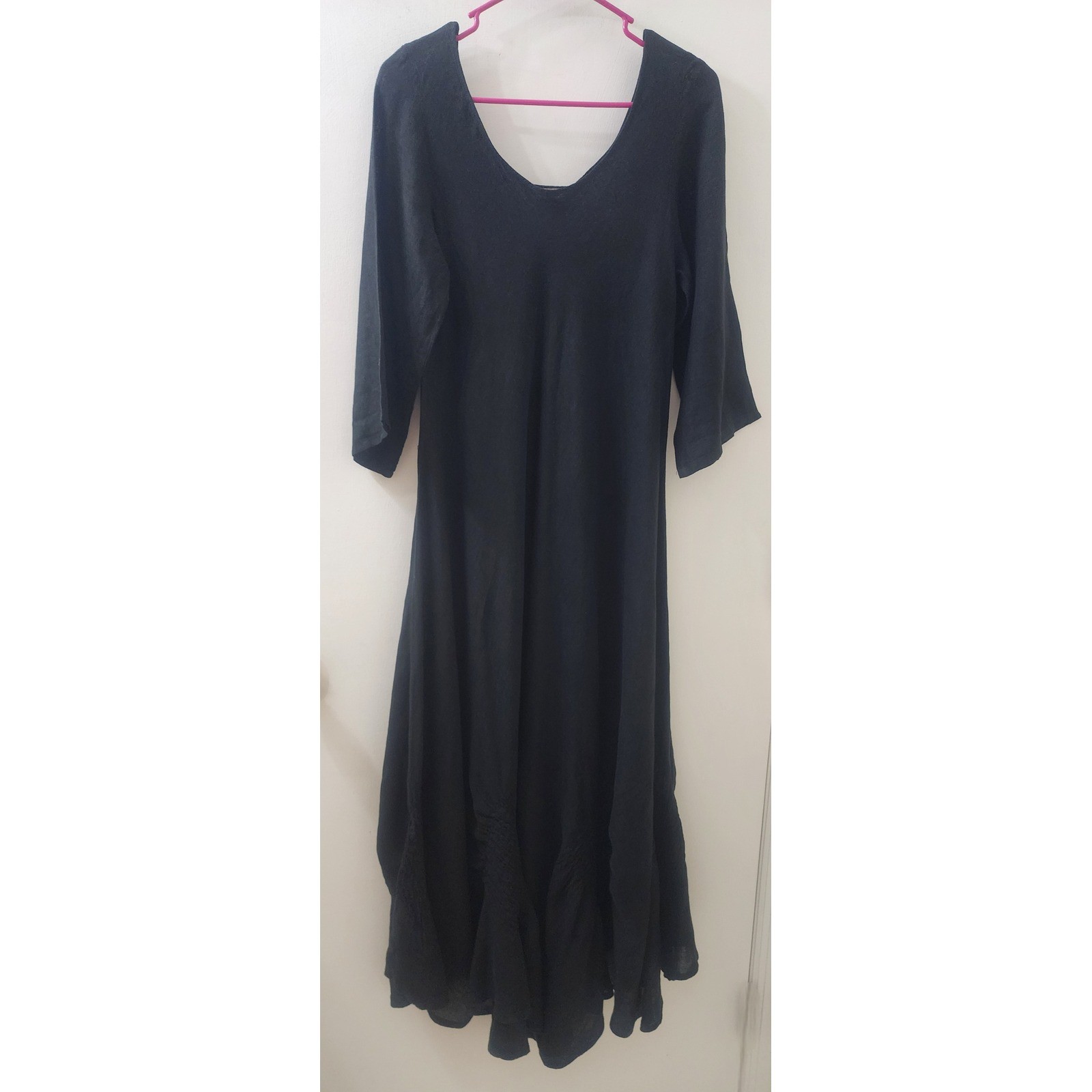 La Bottega di Brunella Black Linen Maxi Dress Smocked Detail Made in Italy L XL