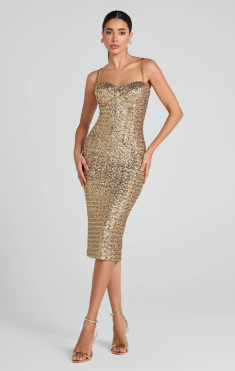 NINA Gold Midi Dress Sequin Corset Underwire Detachable Straps Bodycon