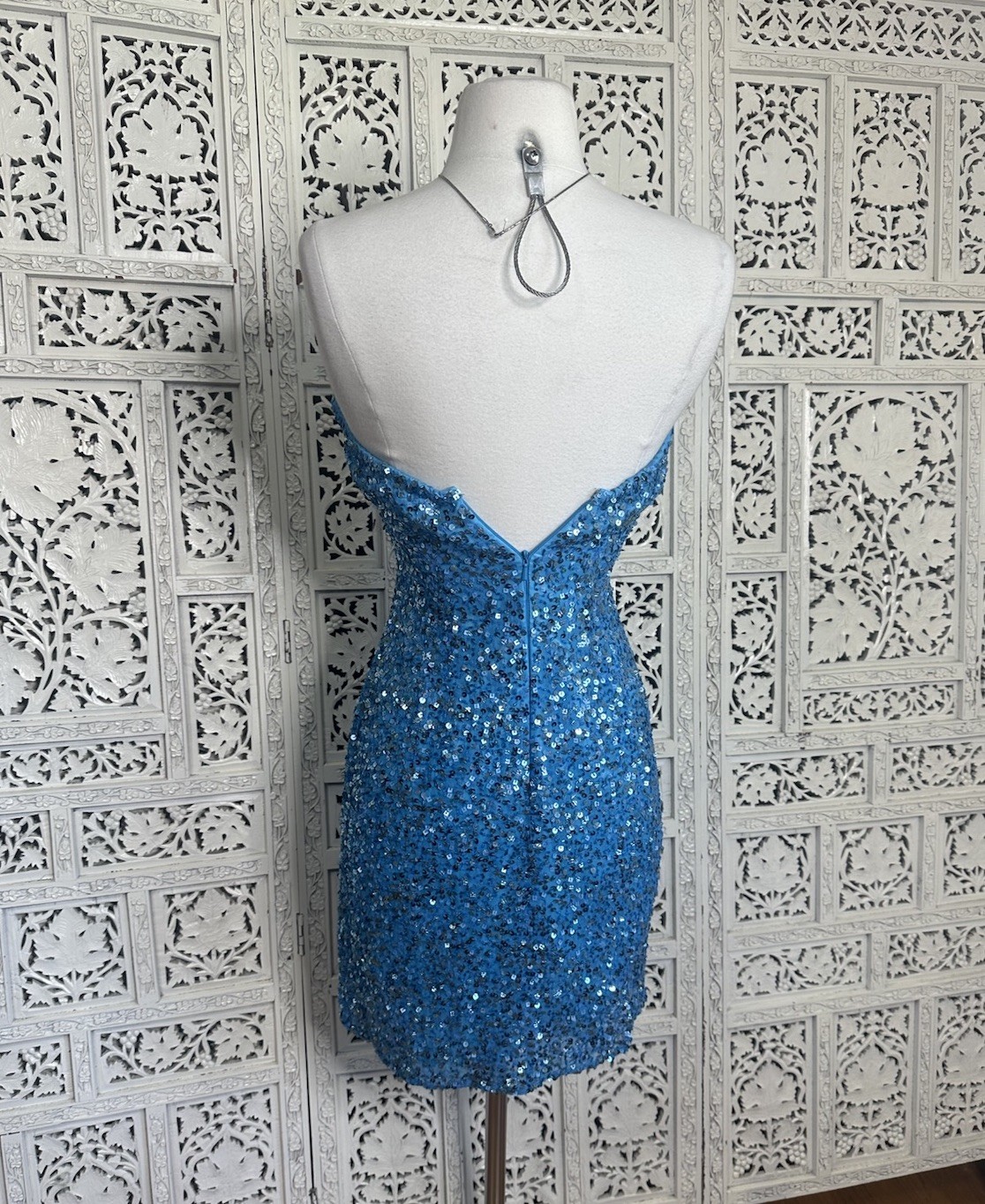 Scala 100% Silk Blue Full Sequin Strapless Cocktail Mini Dress Sz 0