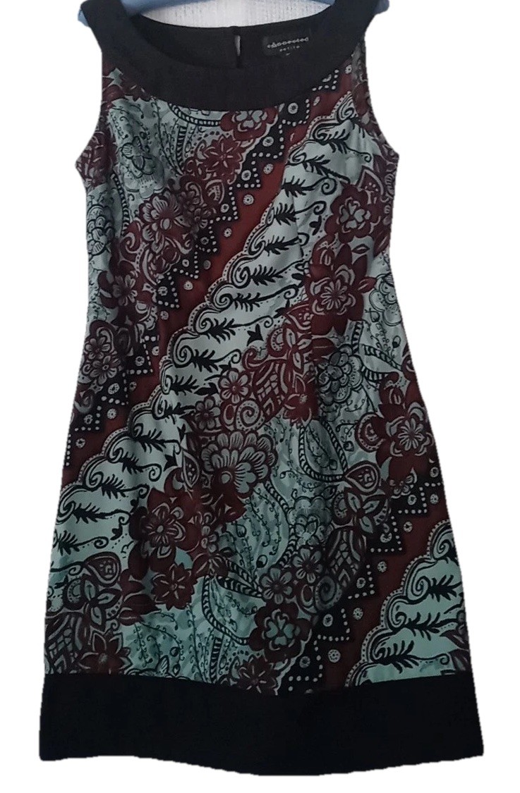 Connected Apparel Dress 10 Brown Black Teal Artsy Stretch Sleeveless Petite 10P