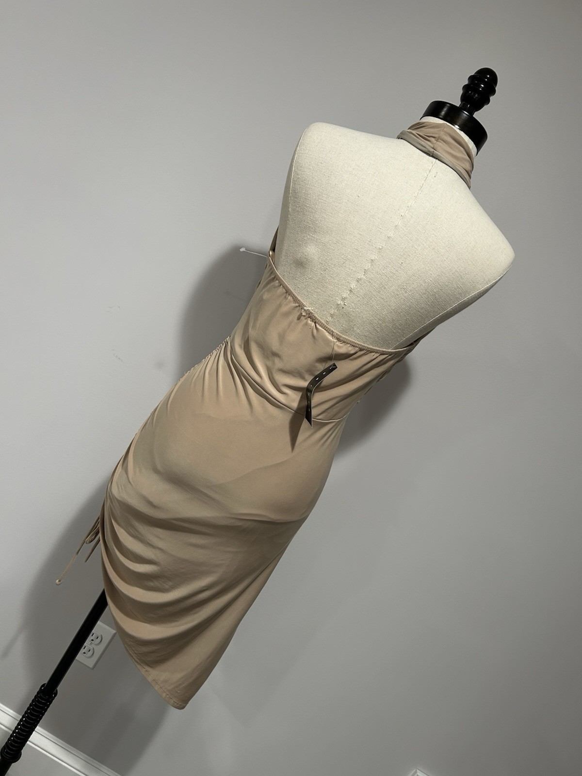 Saint Beige Solid Halter Ruched Stretch Bodycon Midi Dress M Mesh Poly/Spandex
