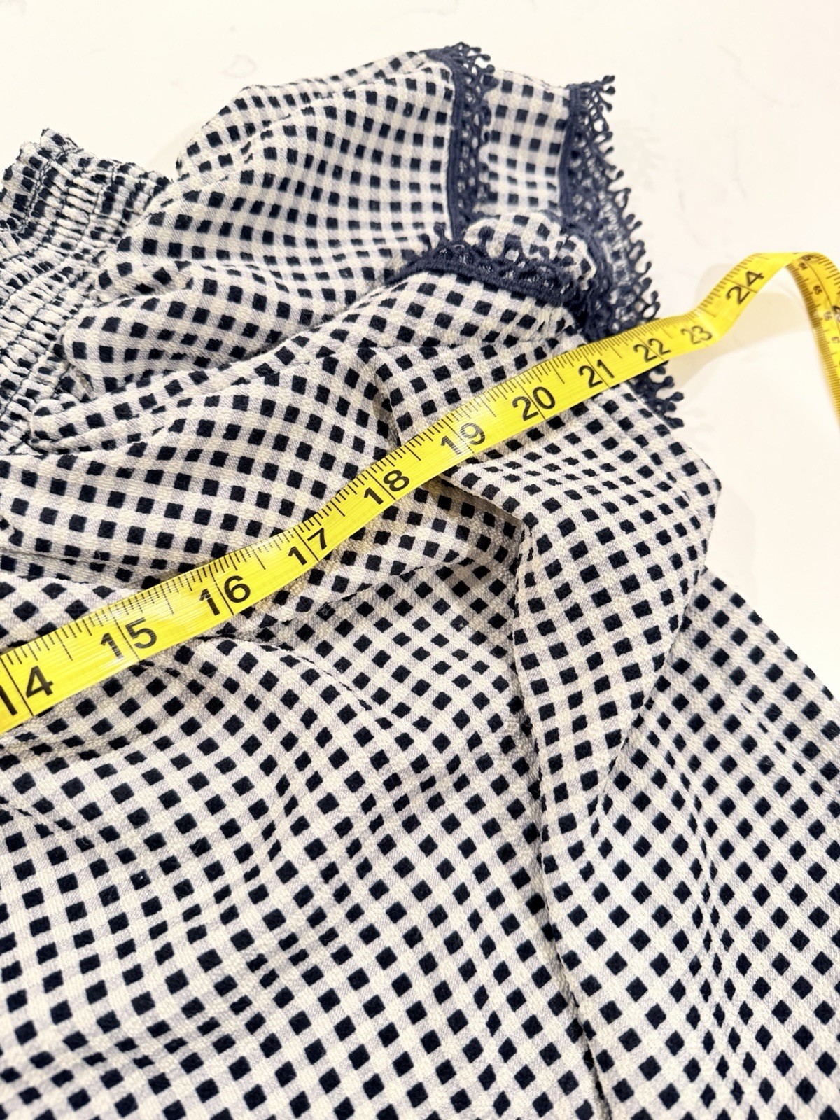 Off Shoulder Blue/White Check Smocked Lace Shift Dress Square Neck Cap Sleeve XL