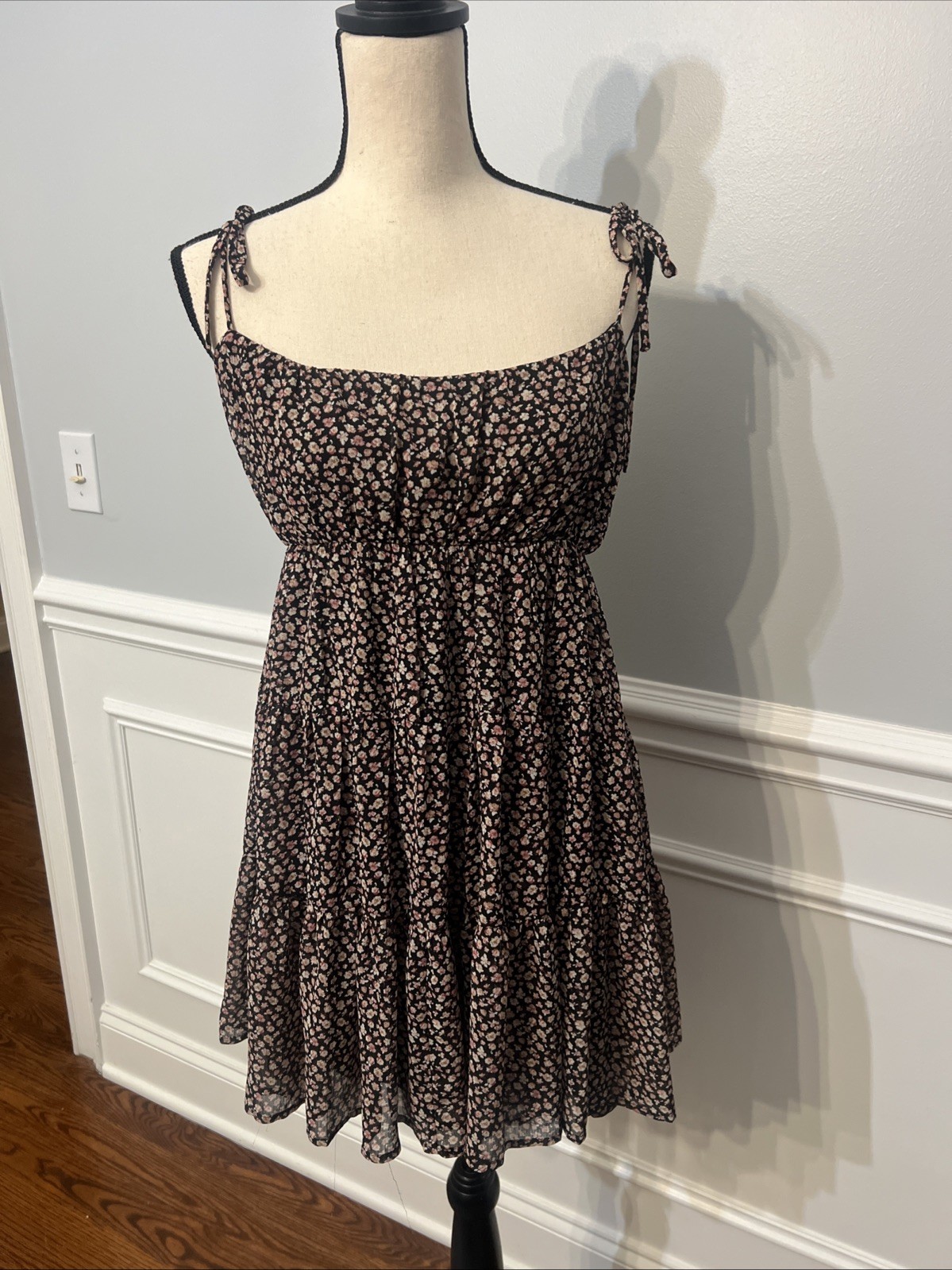 All In Favor Tie Spaghetti Strap Mini Floral Black and Mauve Summer Dress S