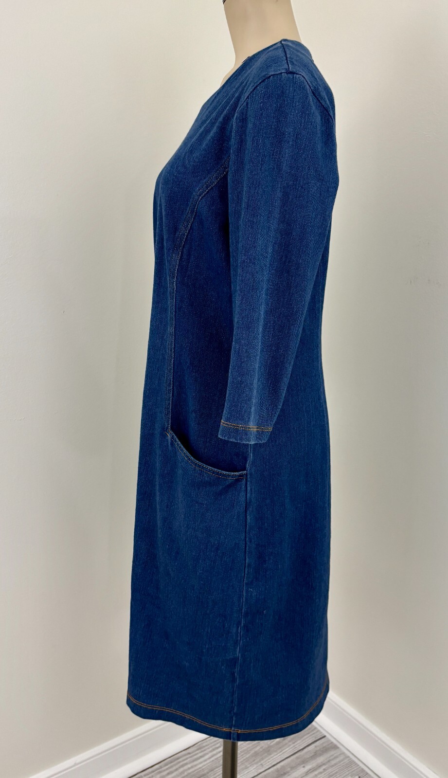 J MCLAUGHLIN CATALYST Women Sz Medium Dark Denim Pocket 3/4 Sleeve Stretch Dress