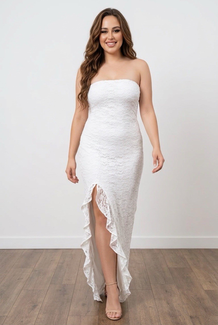 SheIn Women’s White Strapless Lace Maxi Dress Ruffle Hi-Low Hem L