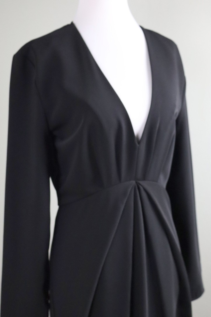 THE KOOPLES NWT $355 Solid Black Glam Pleated Deep V-Neck Mini Dress Size 2