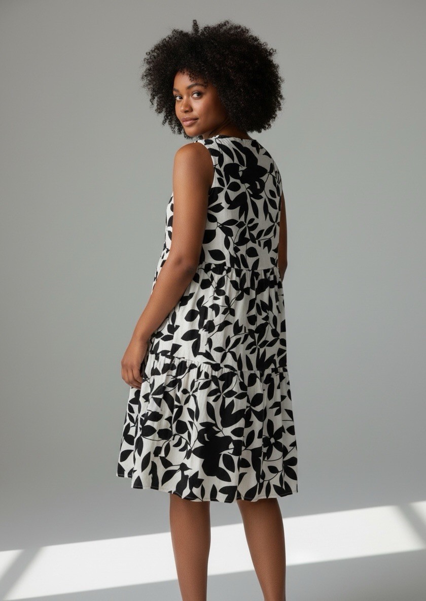Black & White Leaf Print Tiered Sundress XXL Sleeveless V-Neck NWOT