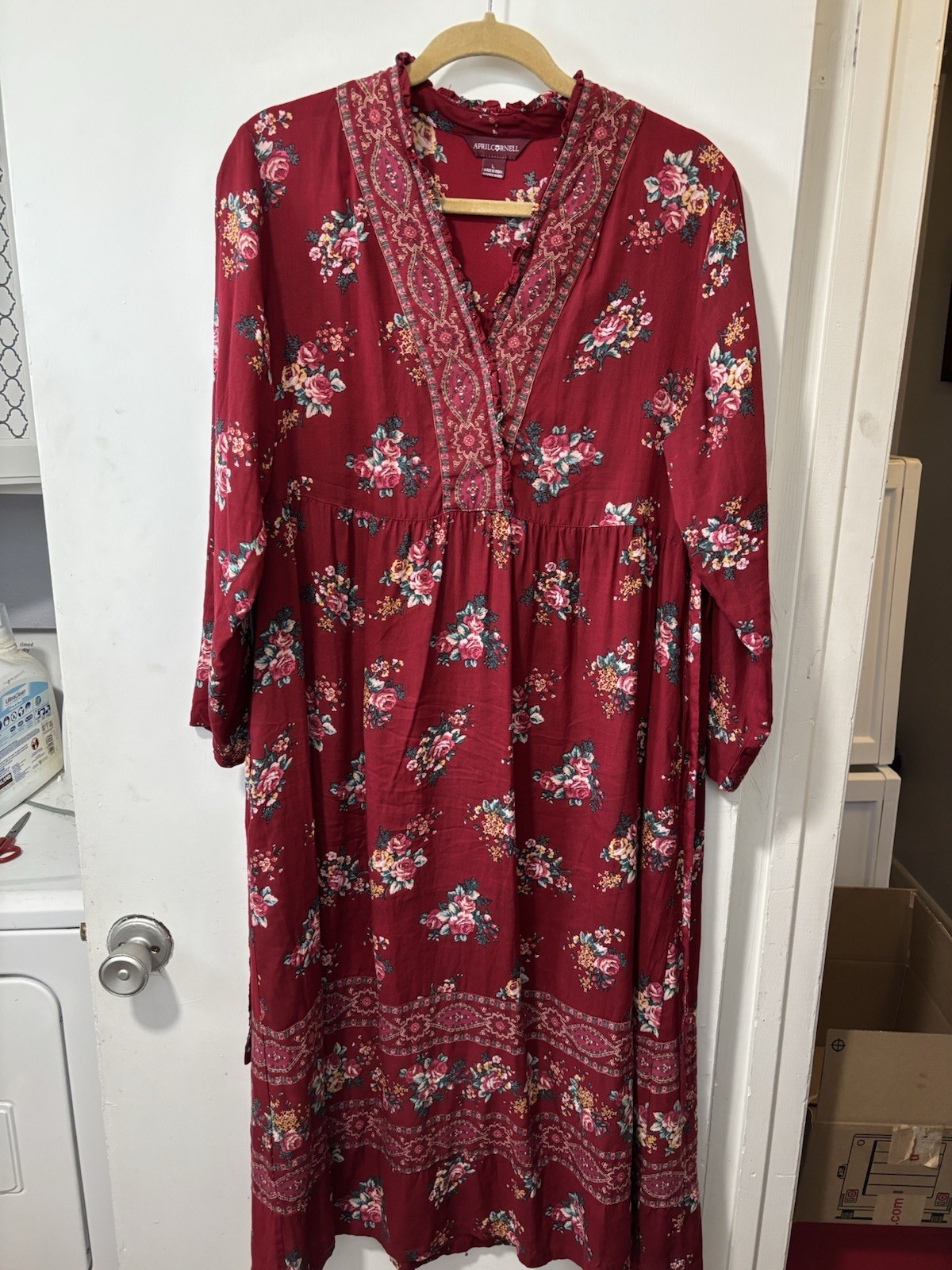 April Cornell Lavinia Red Scarlet Floral Maxi Dress Embroidered Prairie Midi L