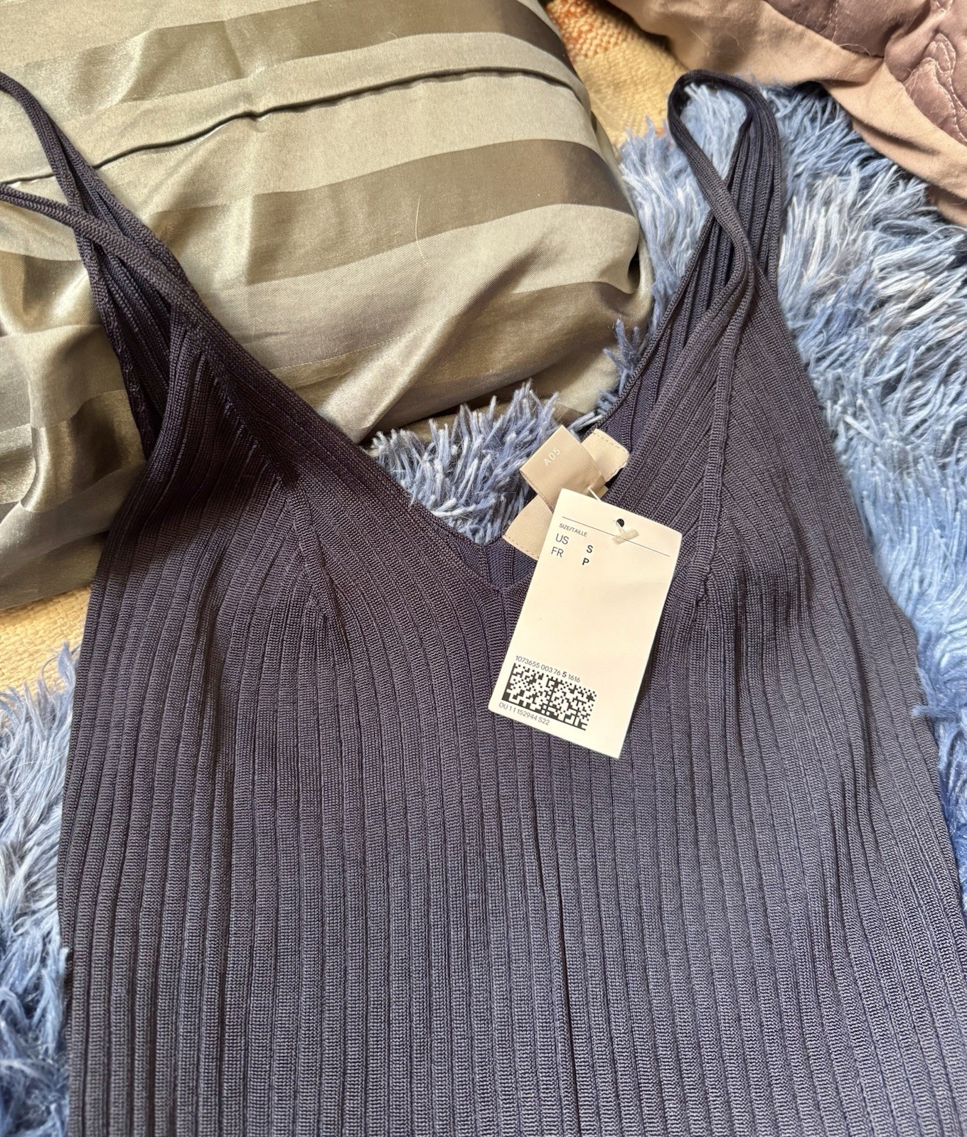 H&M Navy Blue Ribbed Midi Dress Viscose Polyamide V Neck NWT S