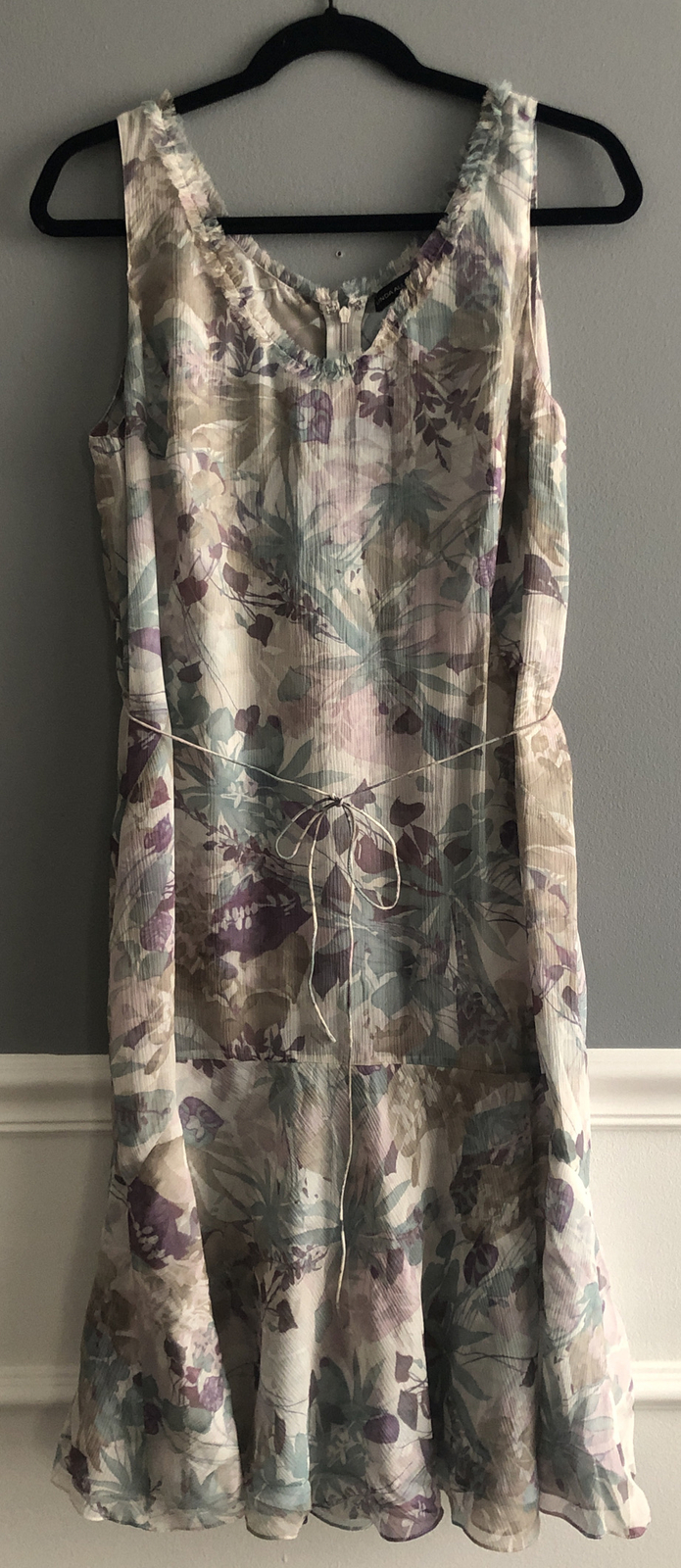 LINDA ALLARD ELLEN TRACY floral SILK DRESS sleeveless tie zip 12