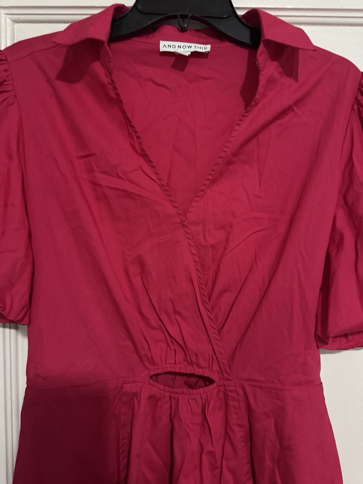 AND NOW THIS Pink Solid A-Line Short Dress Collared Puff Sleeve Cut-Out Ruched L