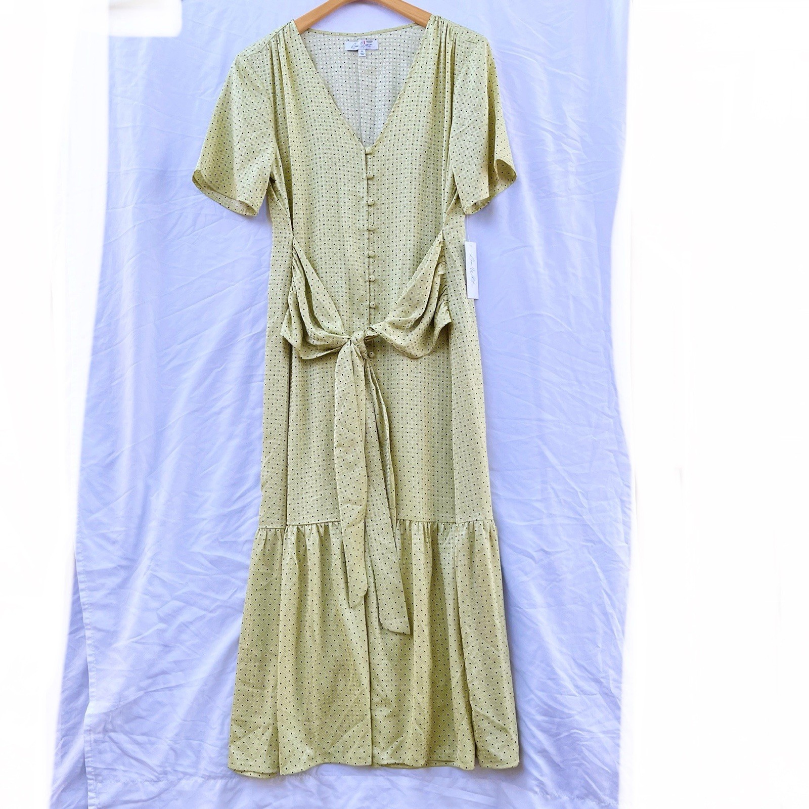 ANTHROPOLOGIE X LOVE, WHIT CITRON DOT TIE WAIST MIDI DRESS
