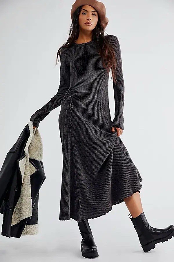 Free People FP One Natasha Black Maxi Dress Thermal, Long Sleeve, Ruched, Washed
