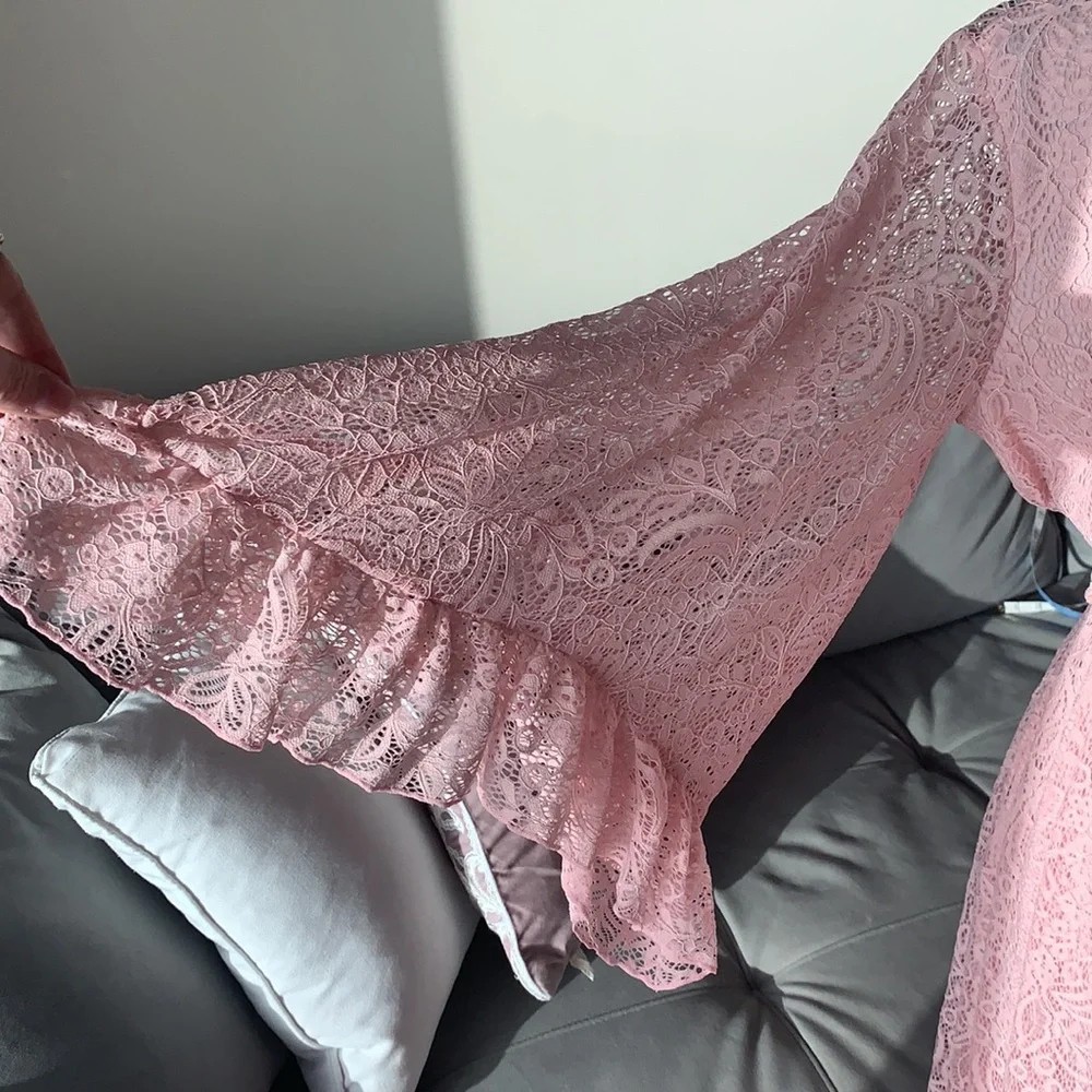 Venus Pink Lace Boho Bell Sleeve Split Smocked Belted V Neck Dress
