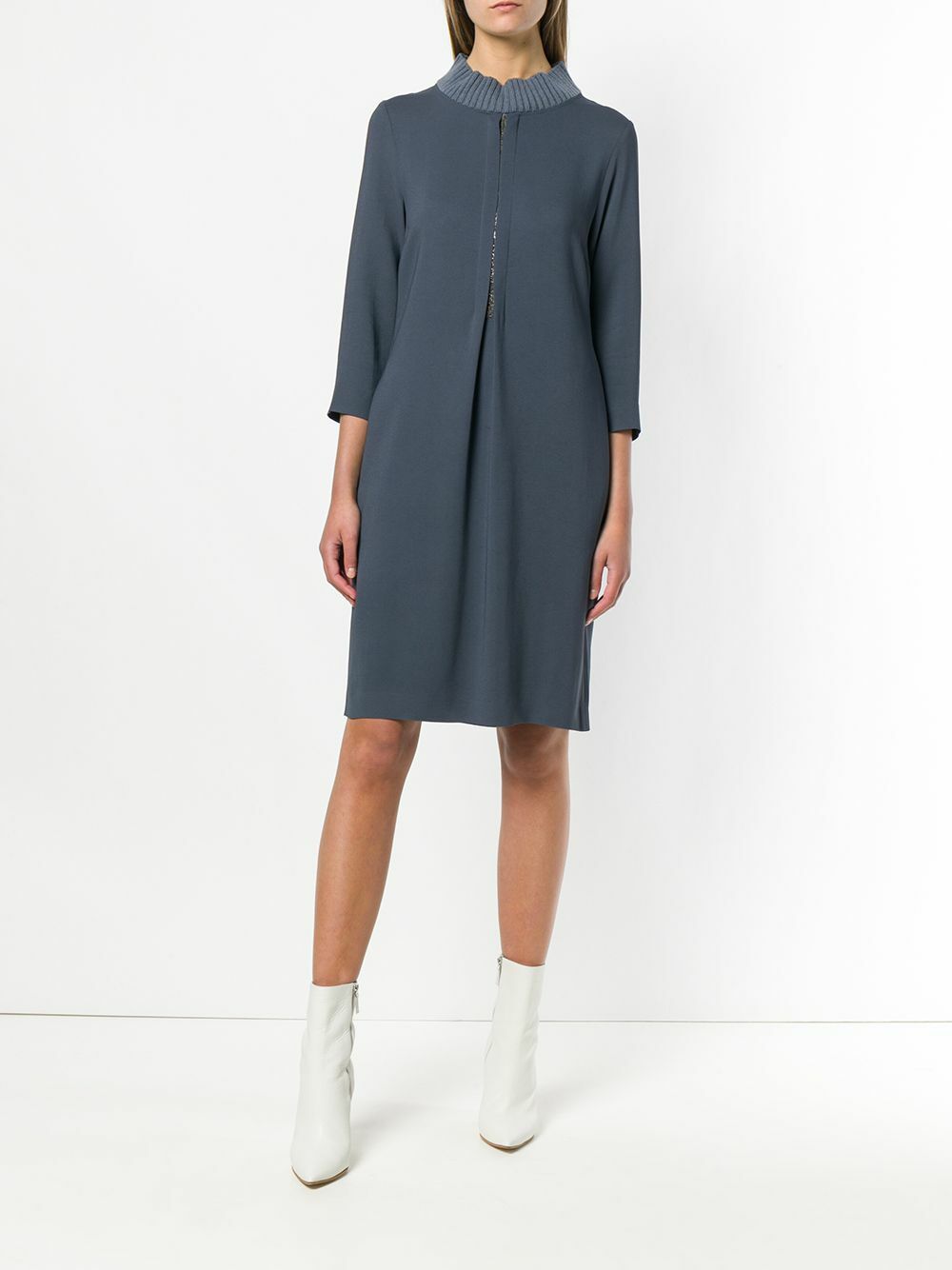 FABIANA FILIPPI Grey Beaded Pleated Rib Trim 3/4 Sleeve Shift Dress 8 US M = 44