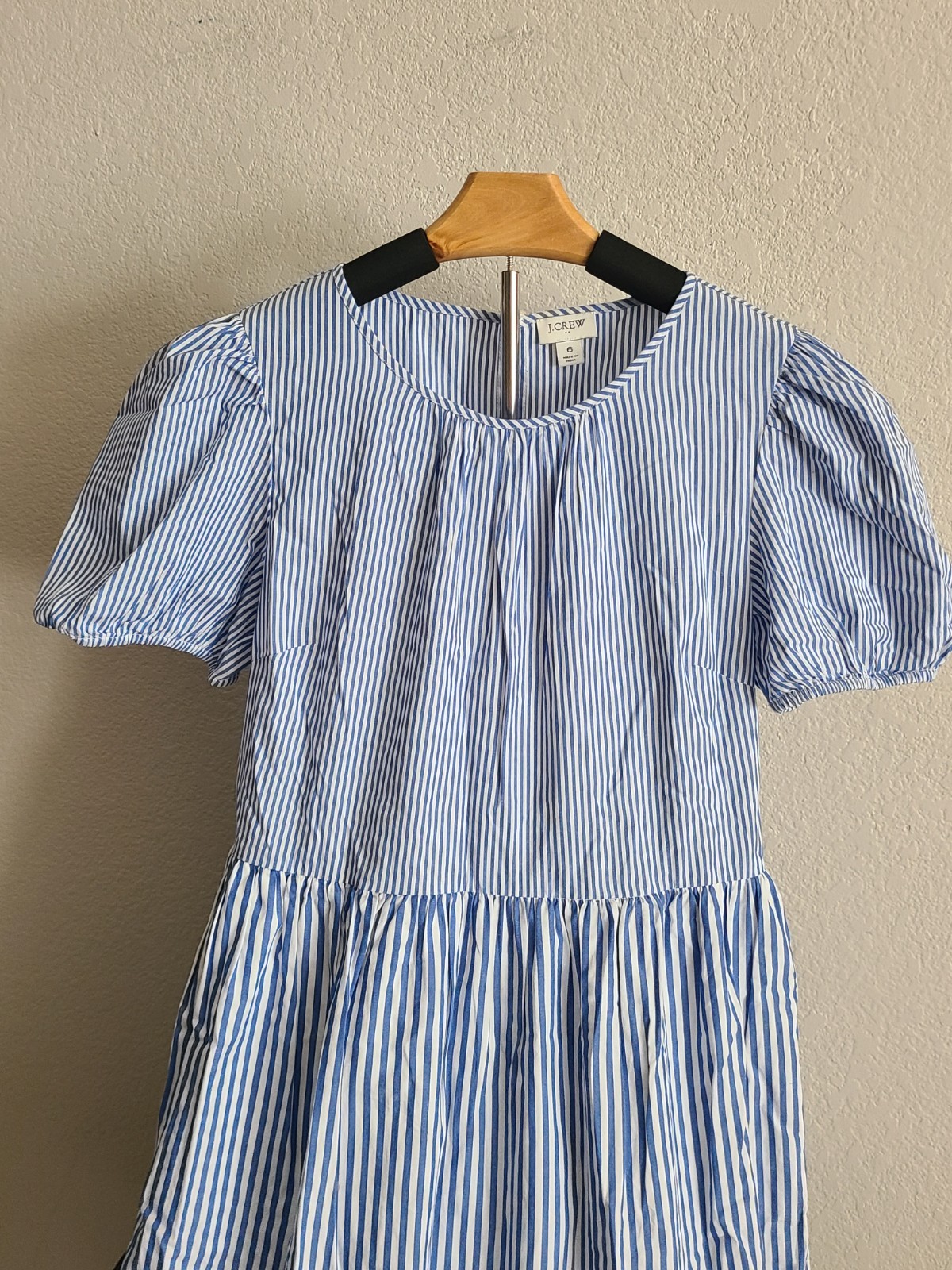 J Crew women’s summer midi dress, blue white stripes with pocket, size 6.