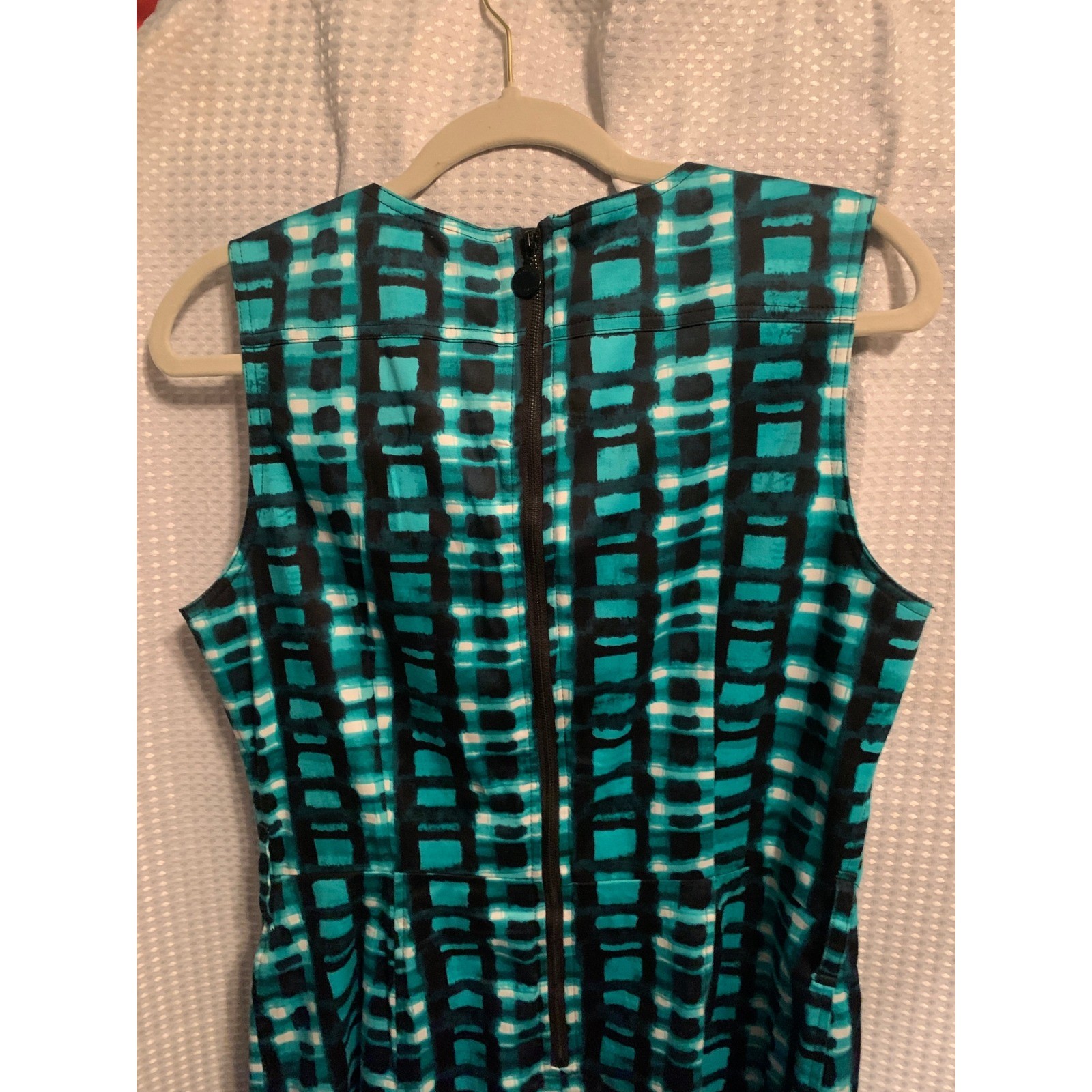 Calvin Klein Teal Black Geometric Grid Sleeveless Sheath Dress Size 12 Pocket