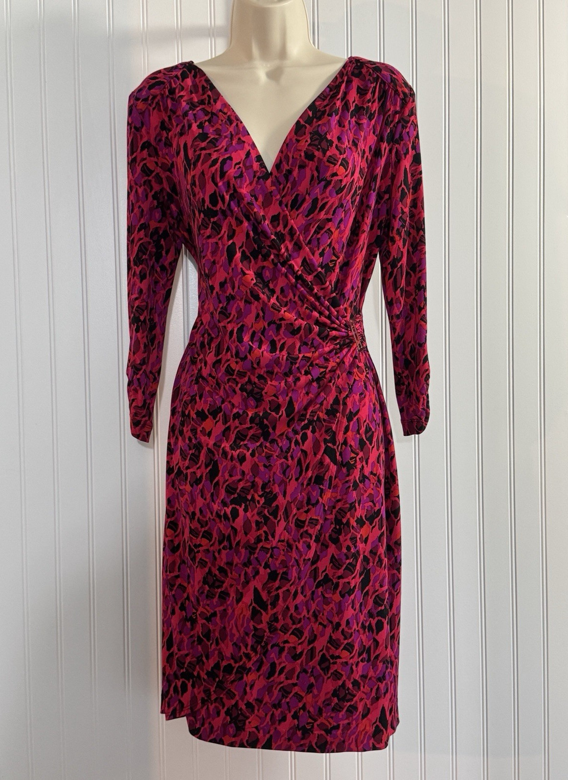 Vintage Cache Faux Wrap Dress sz L Pink Black Animal Print Gold Hardware Y2K