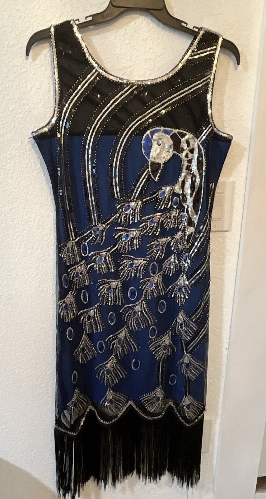 Peacock Embroidered Blue/Black Beaded Sequin Fringe Shift Knee Dress Scoop M