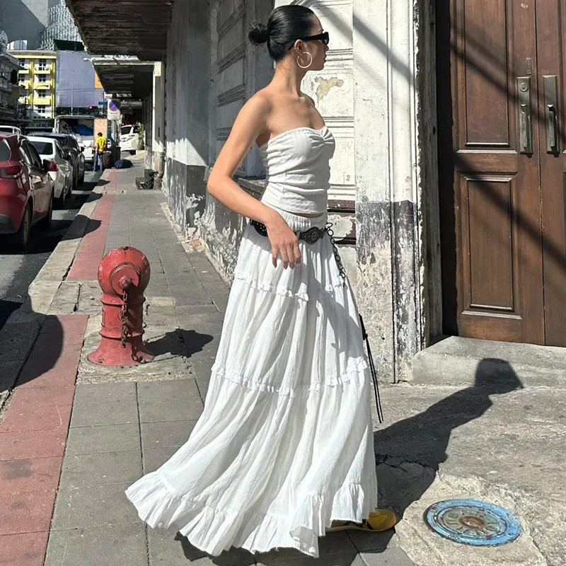 Fairycore Elegant White Smooth Hoop Dress Women’s Elastic Waist Lotus Leaf Edge