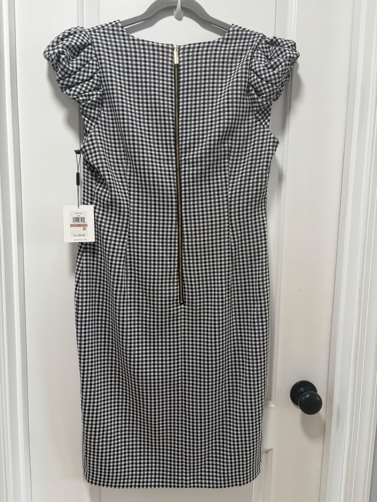 Calvin Klein NWT size 12 Gingham Puff Sleeve Sheath Dress Blue Black White