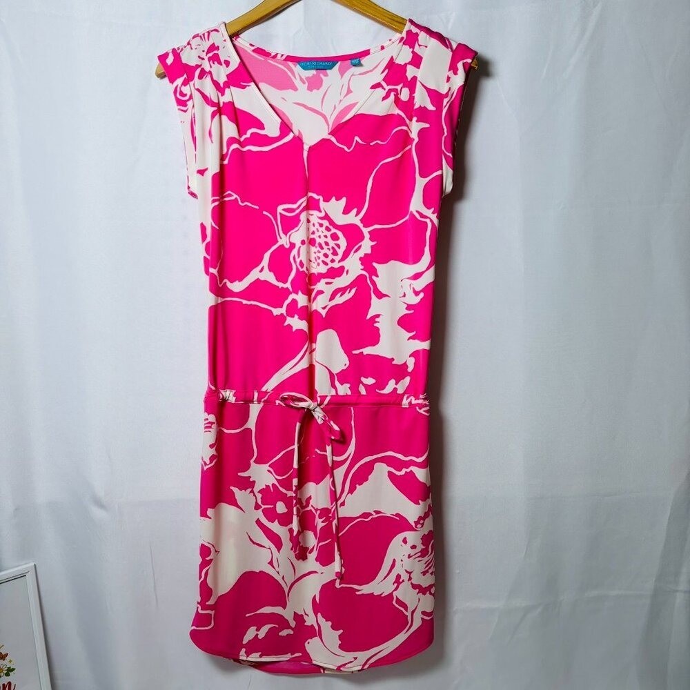 Tori Richard Honolulu Pink Tropical Floral Drawstring Dress XS Resort V-Neck