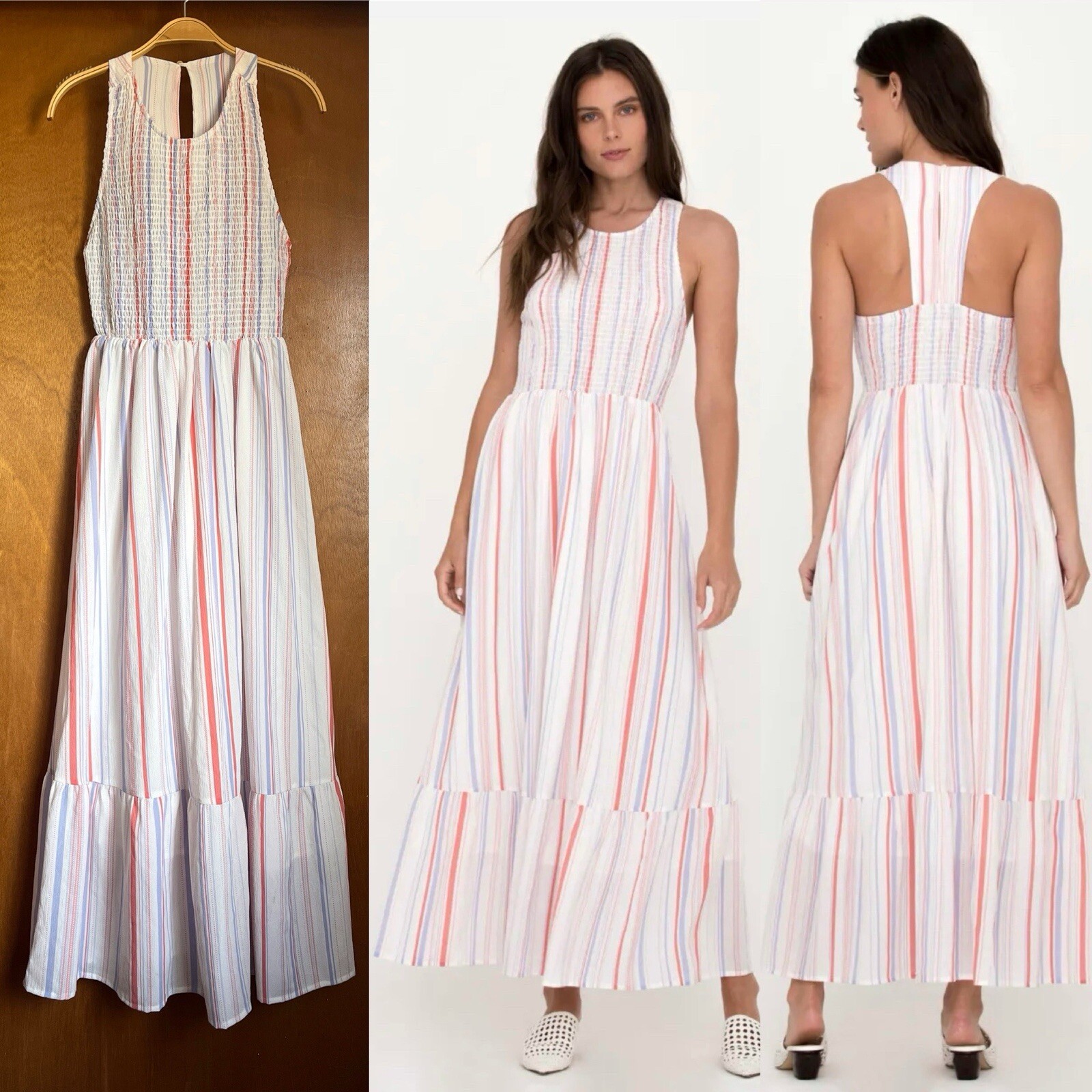 Miss Me White Striped Maxi Sundress S Smocked Racerback Tiered Resort Beach Boho