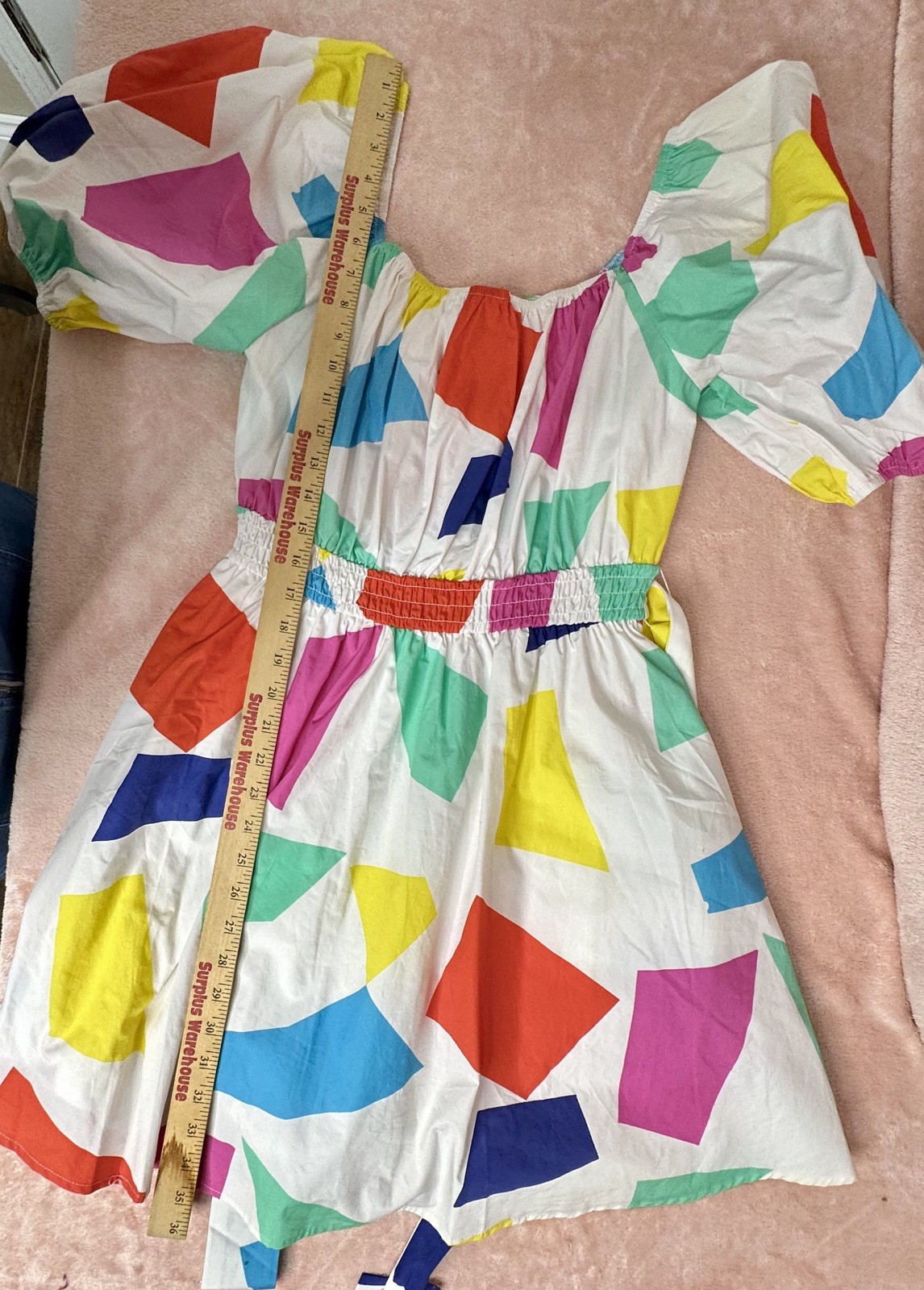 Peach Love California Mini Dress White Vibrant Multicolor Smocked tie waist L