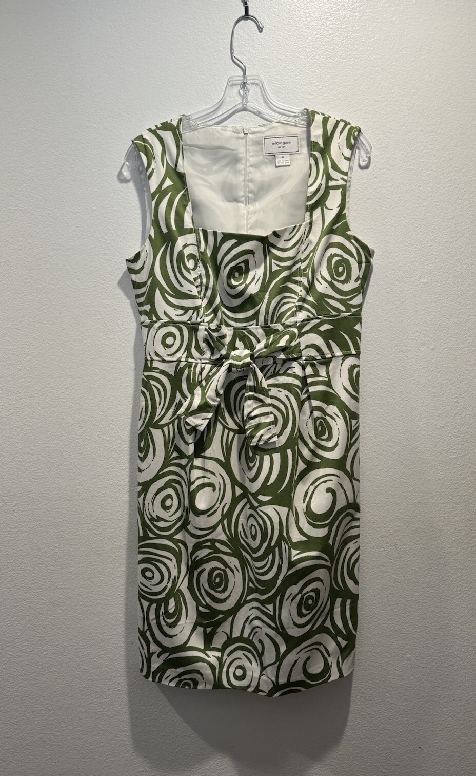 Willow Glenn Size 12 Green White Swirl Print Dress Artsy Tie Front Sheath Chic