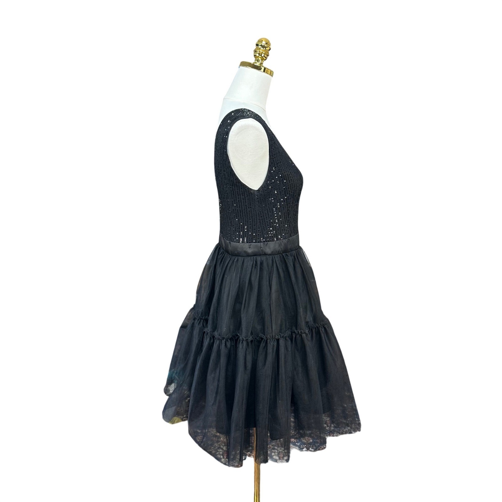 Womens Black Sequin Tulle Tiered Fit and Flare Party Dress Size L Sleeveless