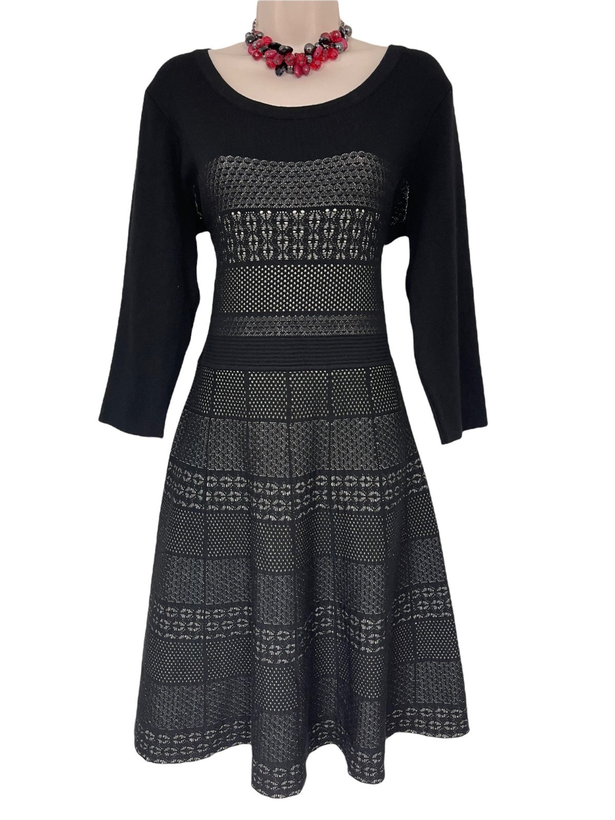 Roz & Ali Black Fit & Flare Knit Sweater Dress Size L Fall Winter Evening Office