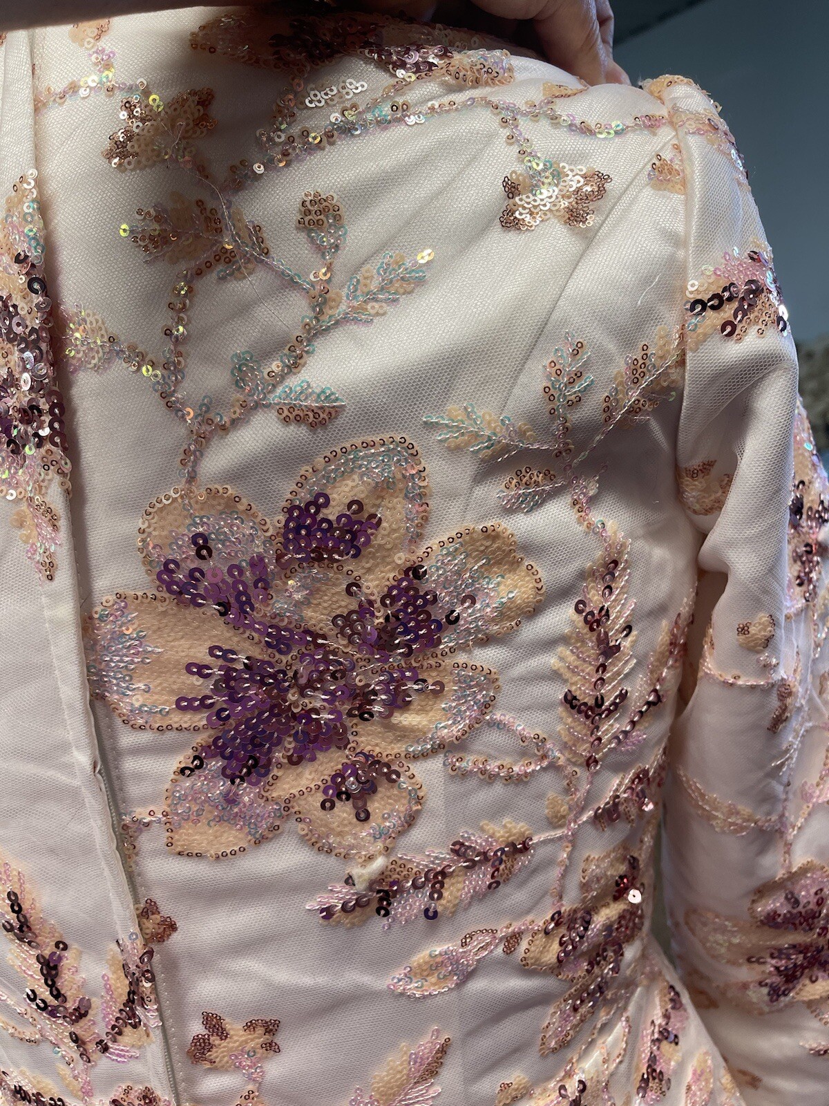 Pink FLORAL Sequence ￼ LONG SLEEVE High Round Neck GOWN Size L, Handmade.
