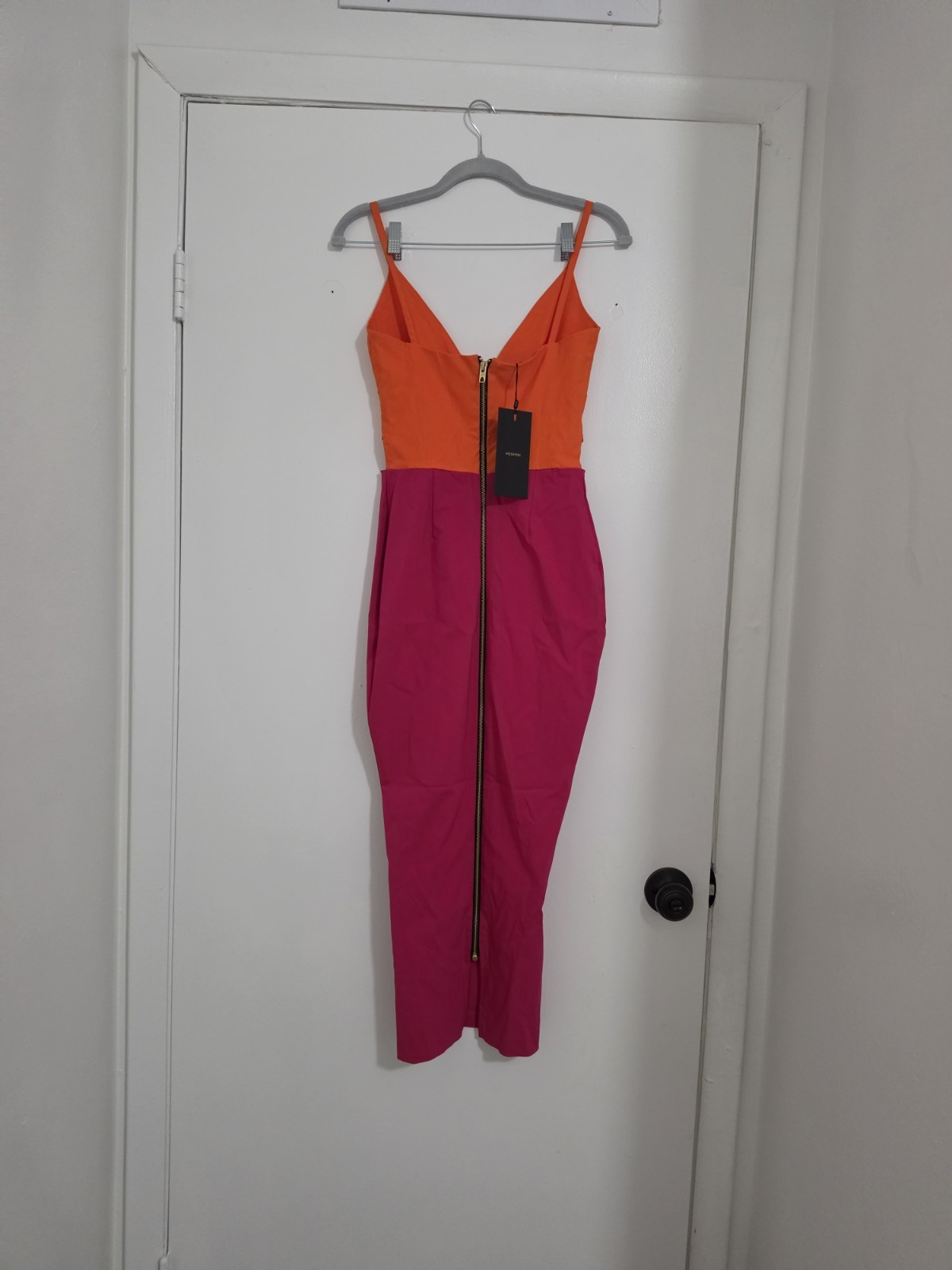 Vesper London Colorblock Bodycon Midi Dress Orange Pink Size 6 Women’s