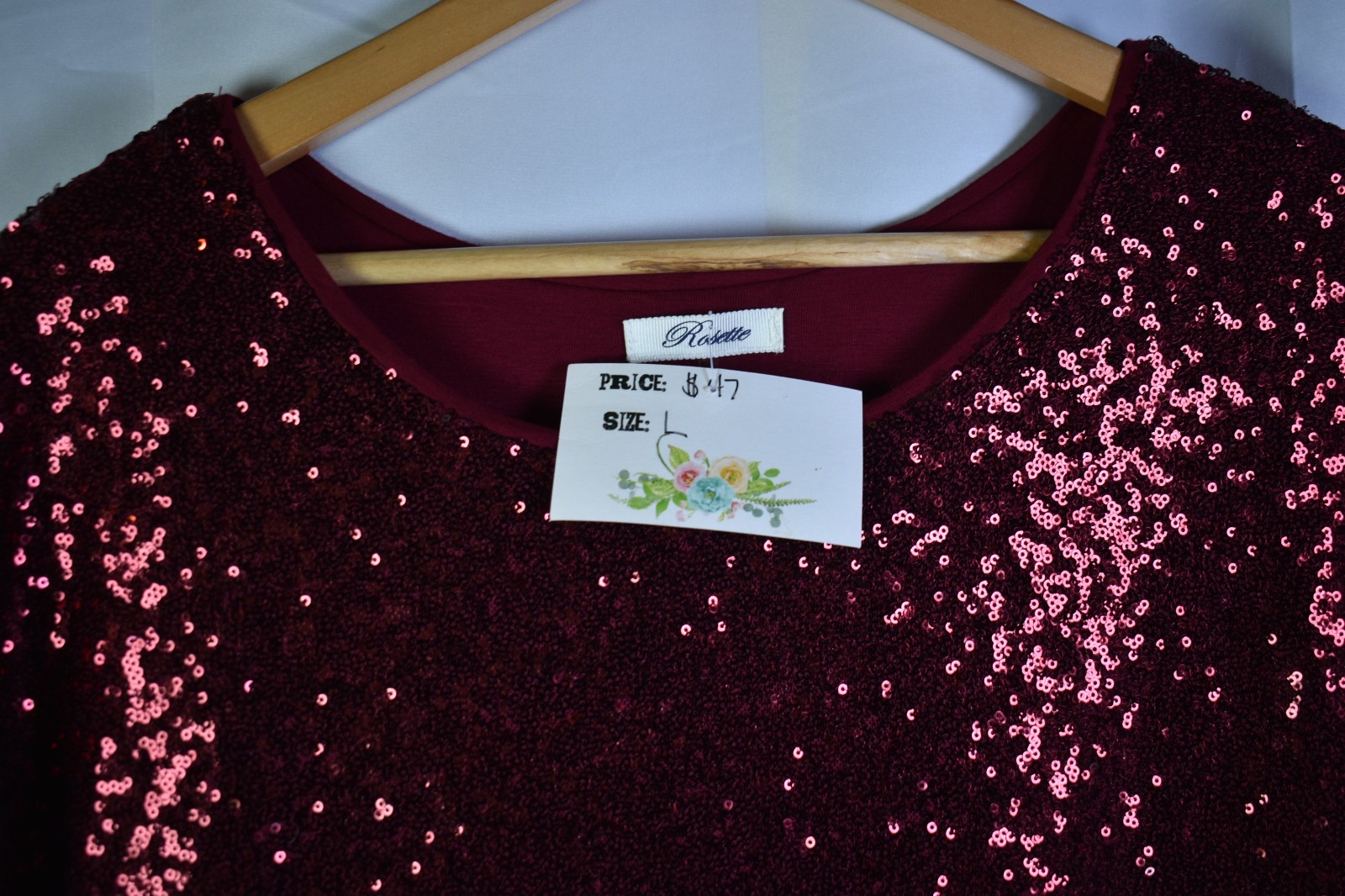 Rosette Sequin Top Women’s L Burgundy Wine Short Sleeve Party Dress Sparkle